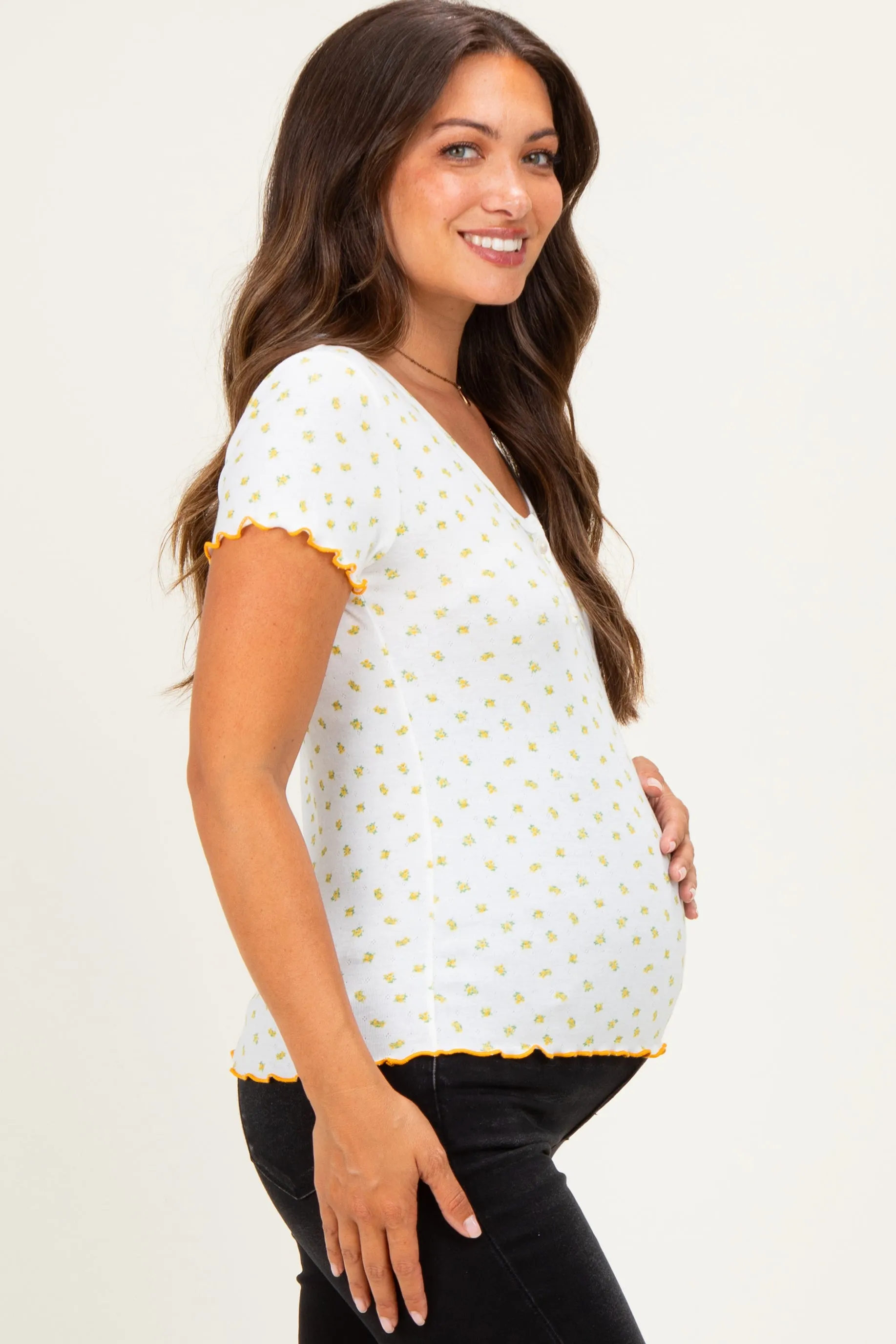 Ivory Mustard Ditsy Floral Lettuce Edge Maternity Henley Top sold by Pinkblush product image thumbnail 3