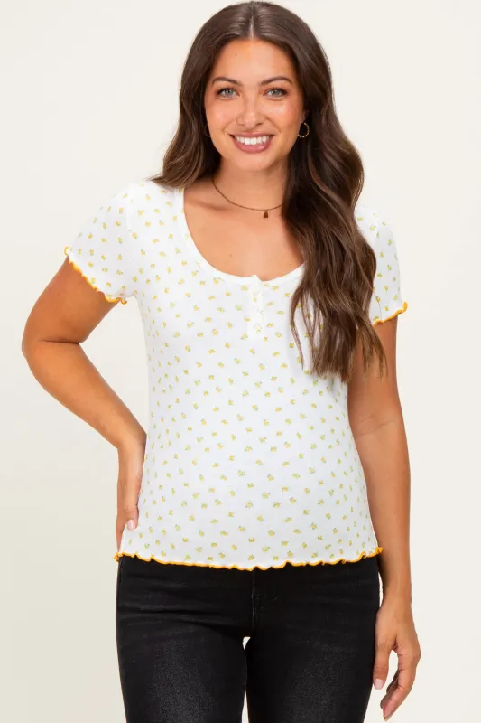Ivory Mustard Ditsy Floral Lettuce Edge Maternity Henley Top made by Pinkblush