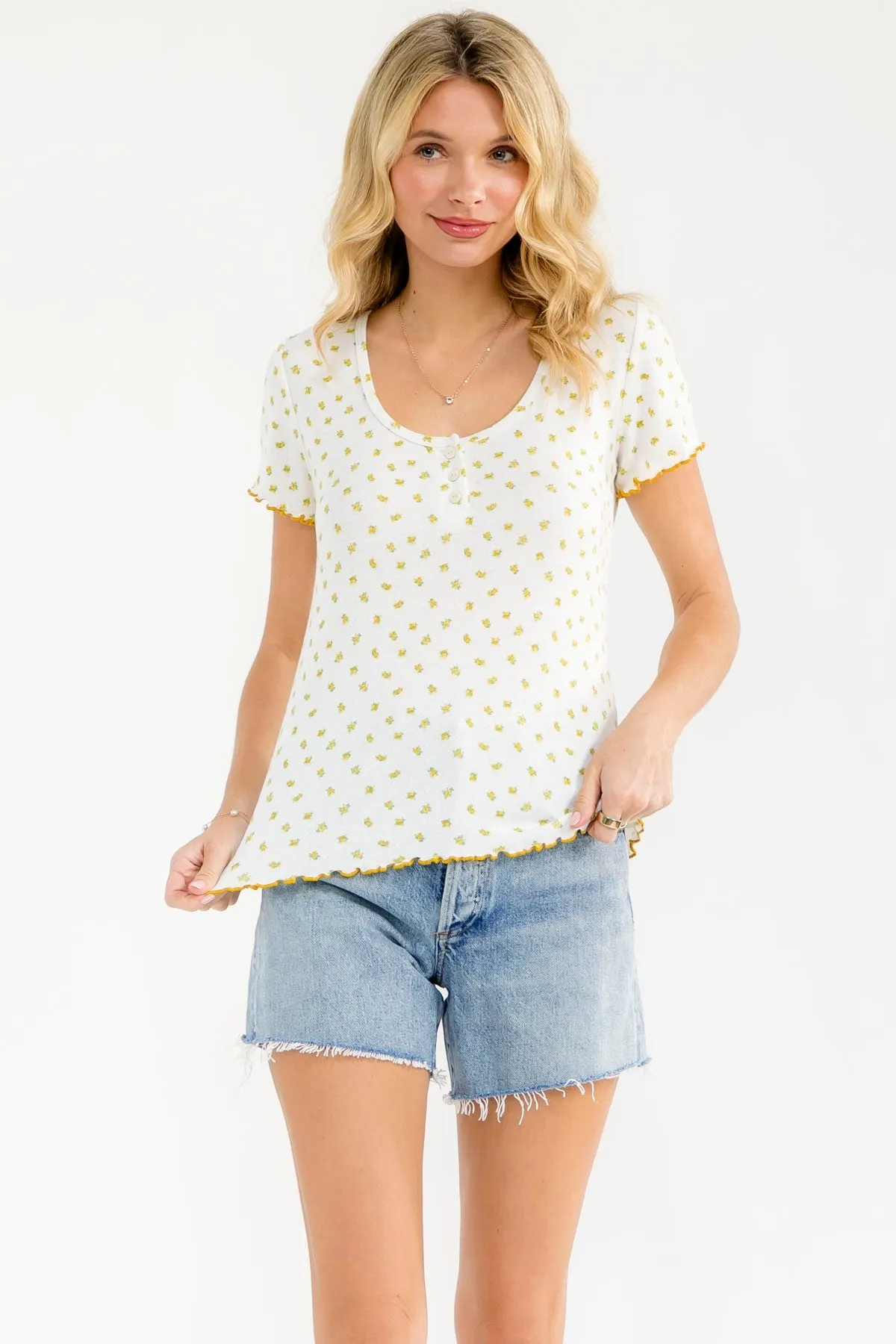 Ivory Mustard Ditsy Floral Lettuce Edge Maternity Henley Top sold by Pinkblush product image thumbnail 5