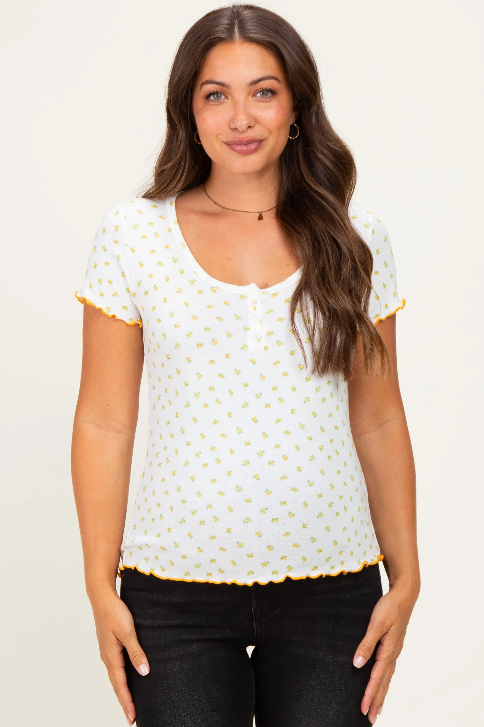 Ivory Mustard Ditsy Floral Lettuce Edge Maternity Henley Top sold by Pinkblush product image thumbnail 2