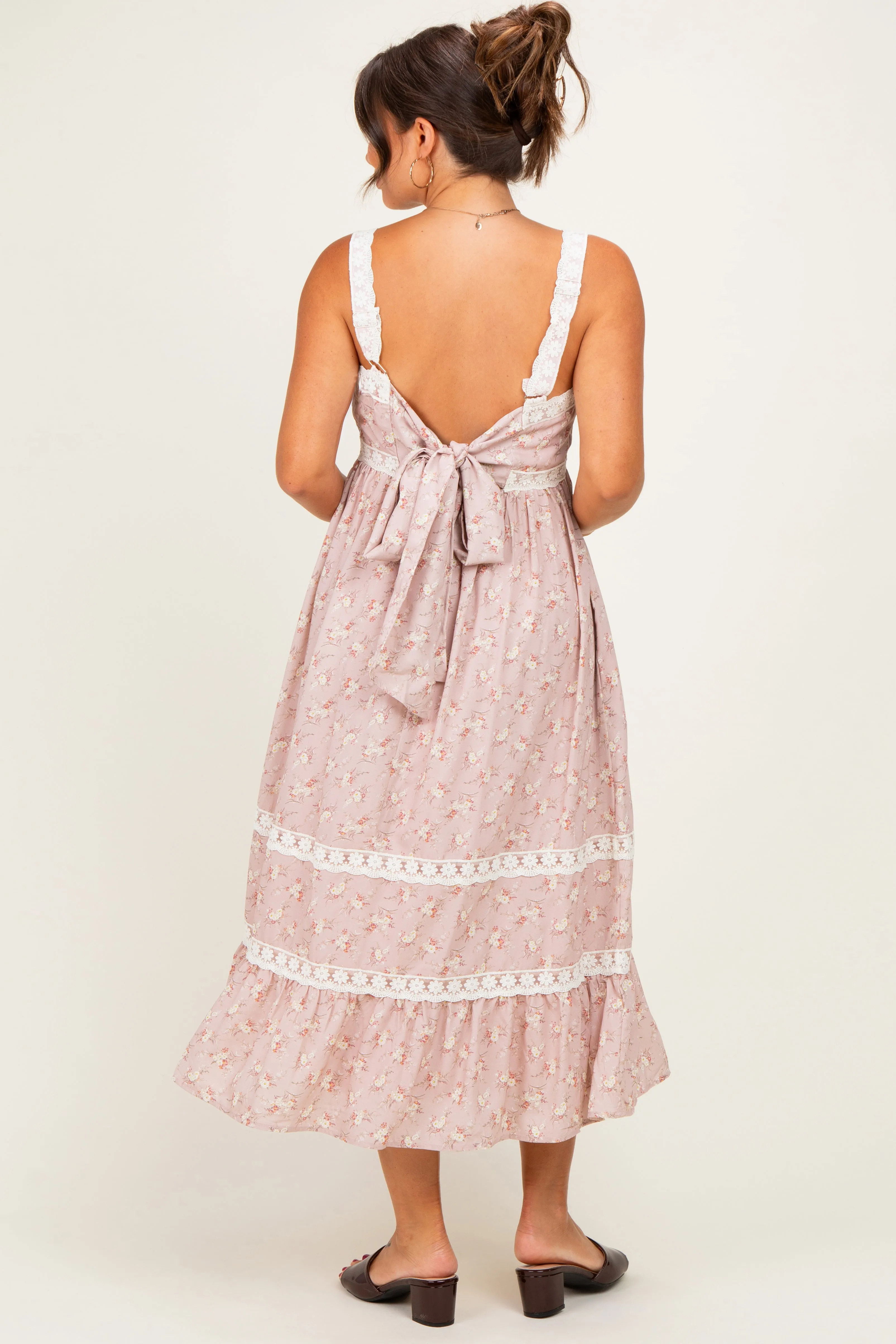 Dusty Pink Lace Floral Tie Back Maternity Midi Dress sold by Pinkblush product image thumbnail 3