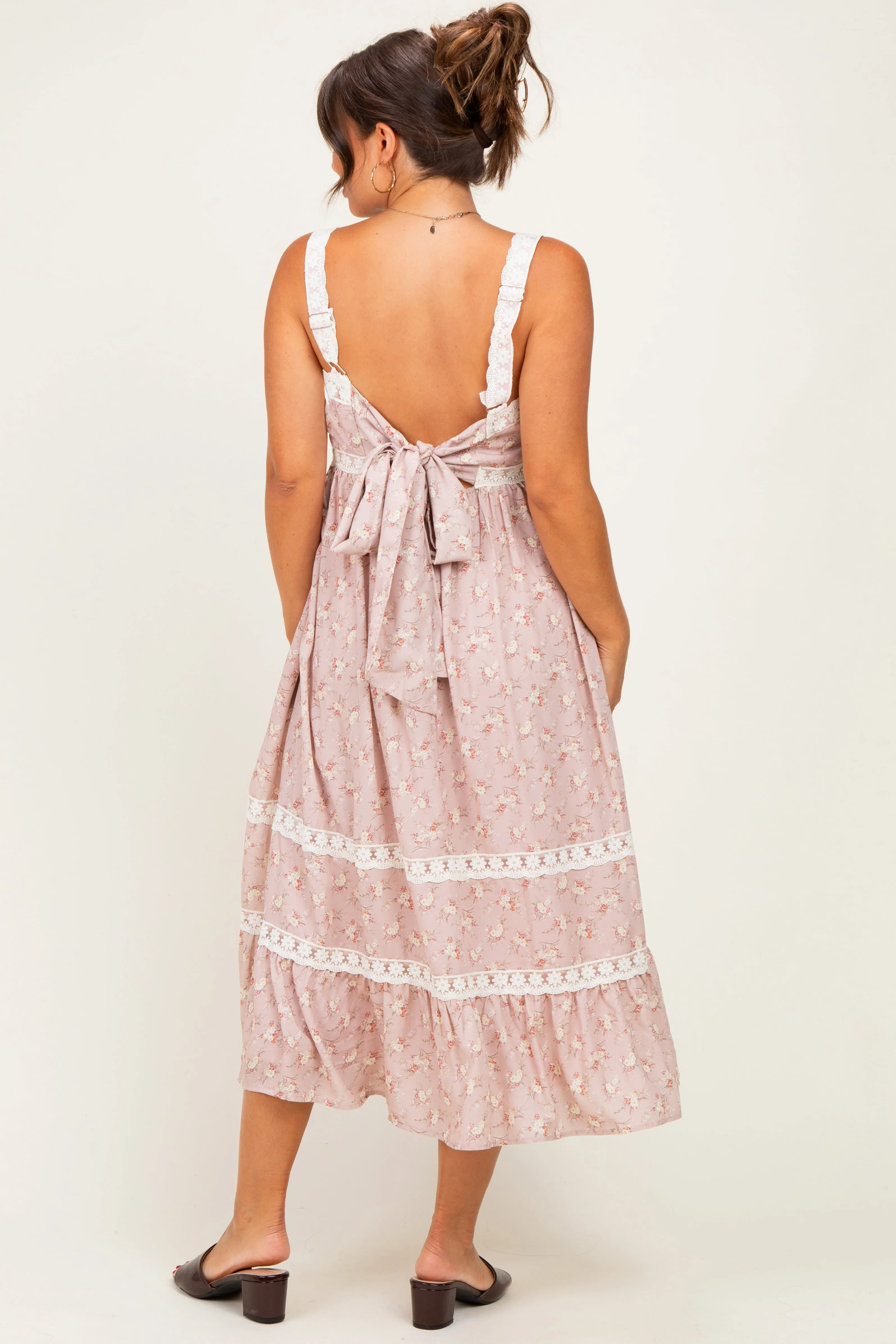 Dusty Pink Lace Floral Tie Back Maternity Midi Dress sold by Pinkblush product image thumbnail 4