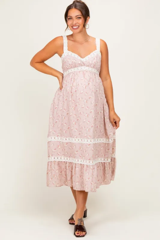 Dusty Pink Lace Floral Tie Back Maternity Midi Dress made by Inloom