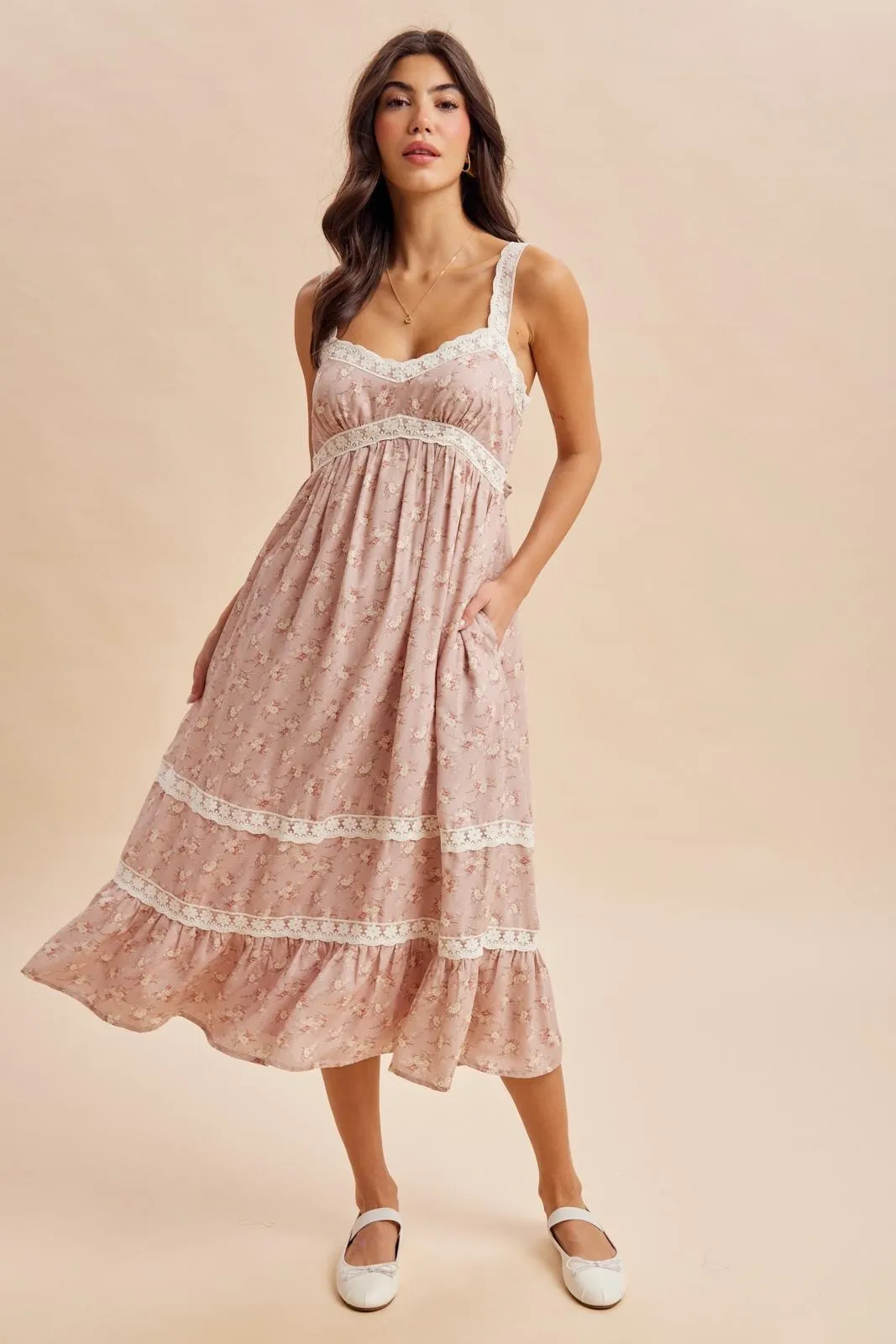 Dusty Pink Lace Floral Tie Back Maternity Midi Dress sold by Pinkblush product image thumbnail 5