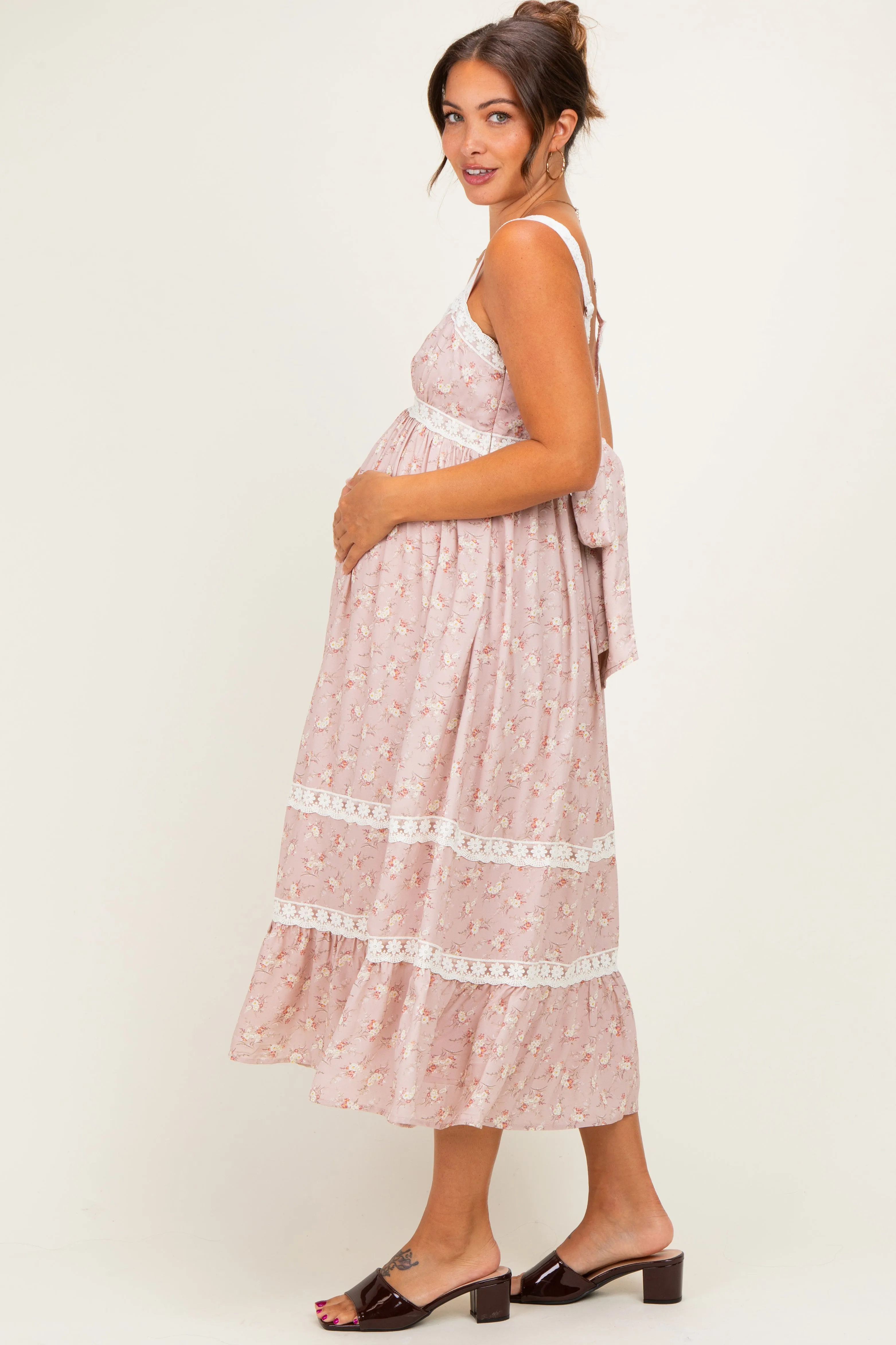 Dusty Pink Lace Floral Tie Back Maternity Midi Dress sold by Pinkblush product image thumbnail 2