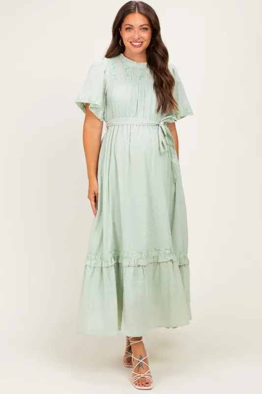 Sage Swiss Dot Flutter Sleeve Maternity Maxi Dress made by Inloom