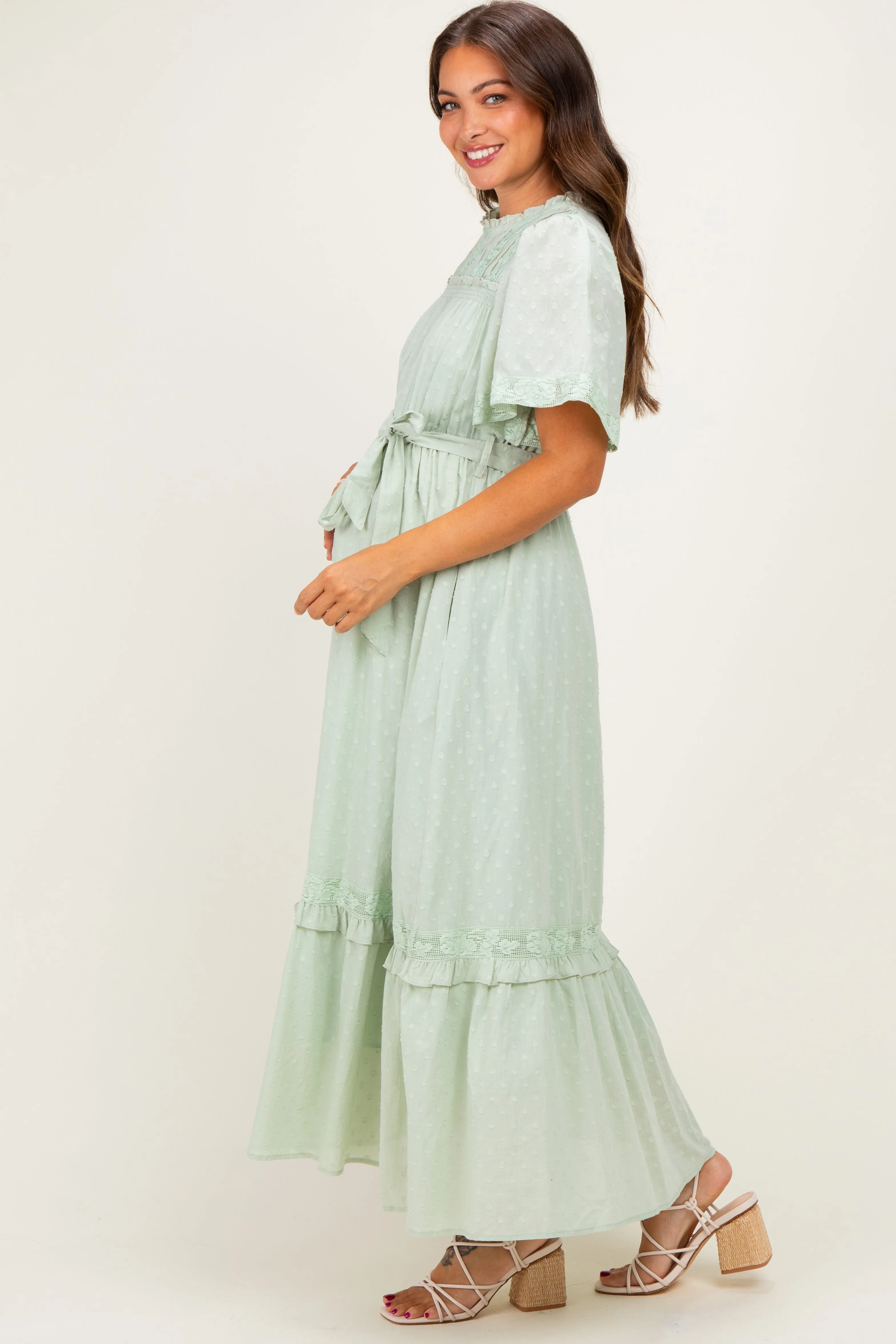 Sage Swiss Dot Flutter Sleeve Maternity Maxi Dress sold by Pinkblush product image thumbnail 2