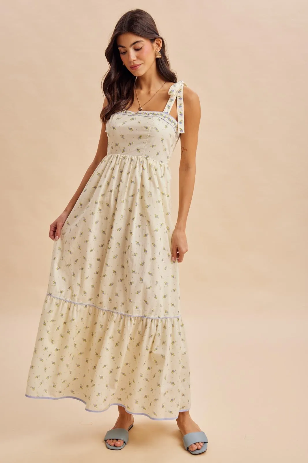 Creme Blue Floral Shoulder Tie Maternity Maxi Dress sold by Pinkblush product image thumbnail 4