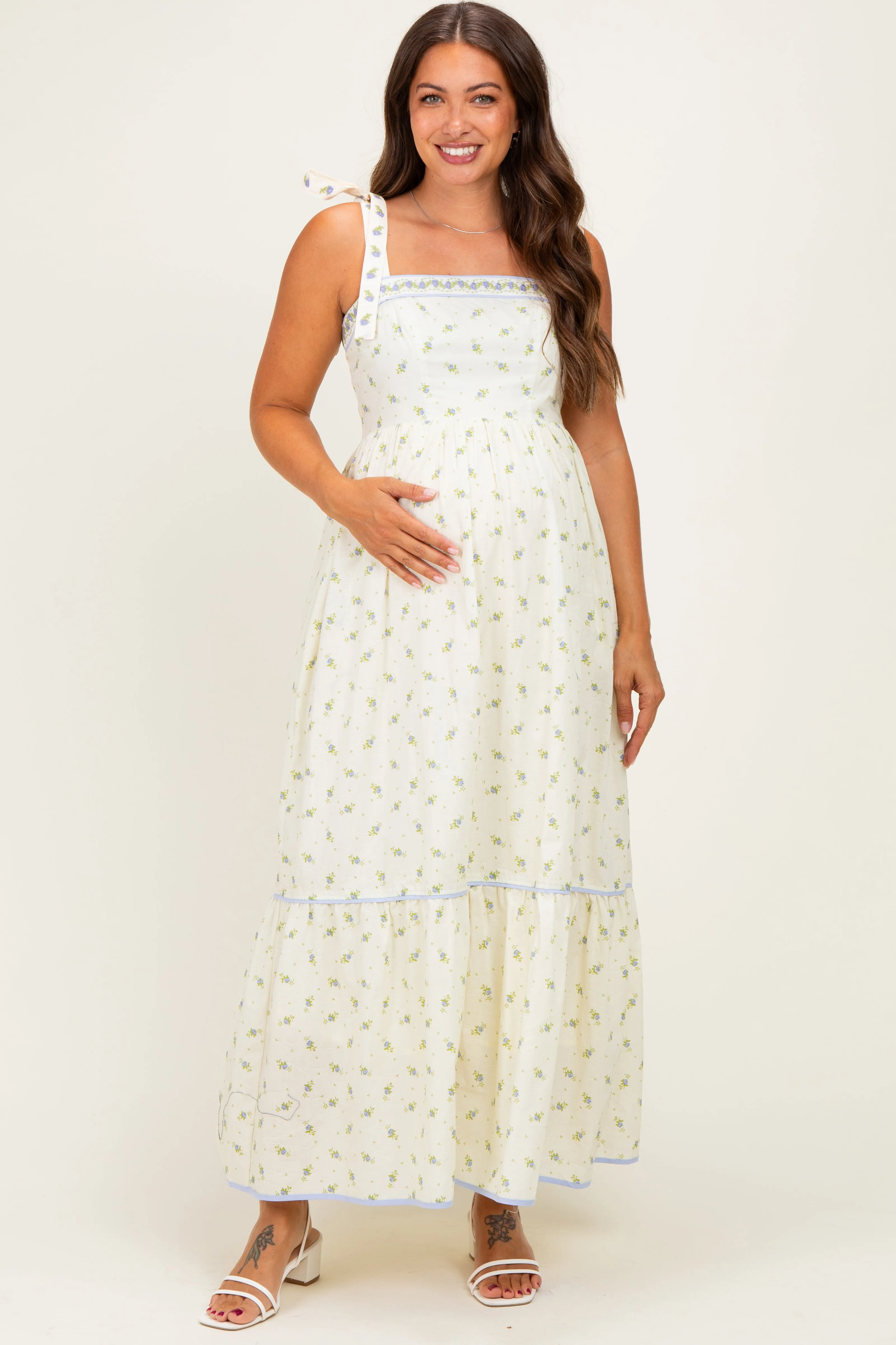 Creme Blue Floral Shoulder Tie Maternity Maxi Dress sold by Pinkblush