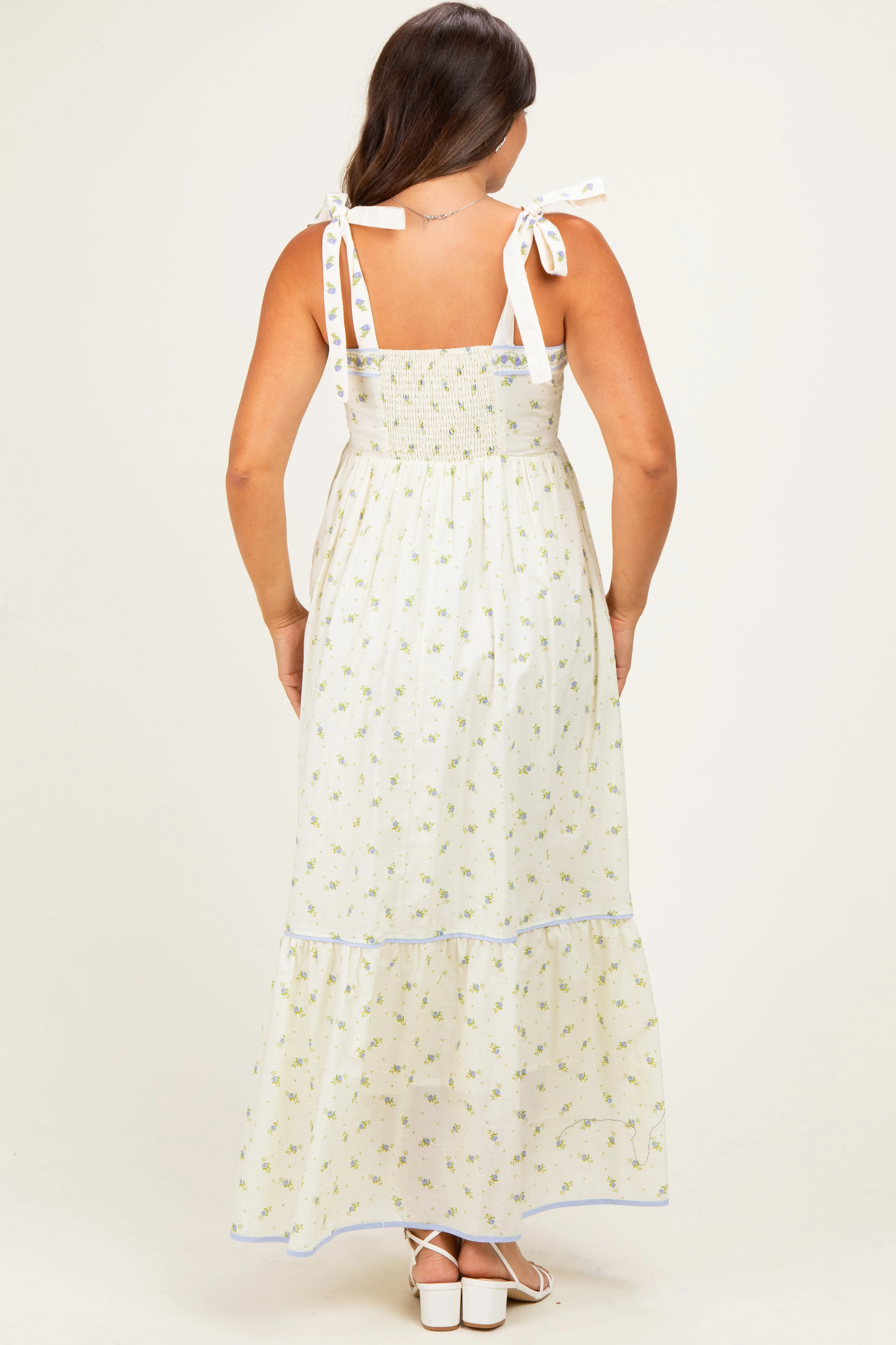 Creme Blue Floral Shoulder Tie Maternity Maxi Dress sold by Pinkblush product image thumbnail 3