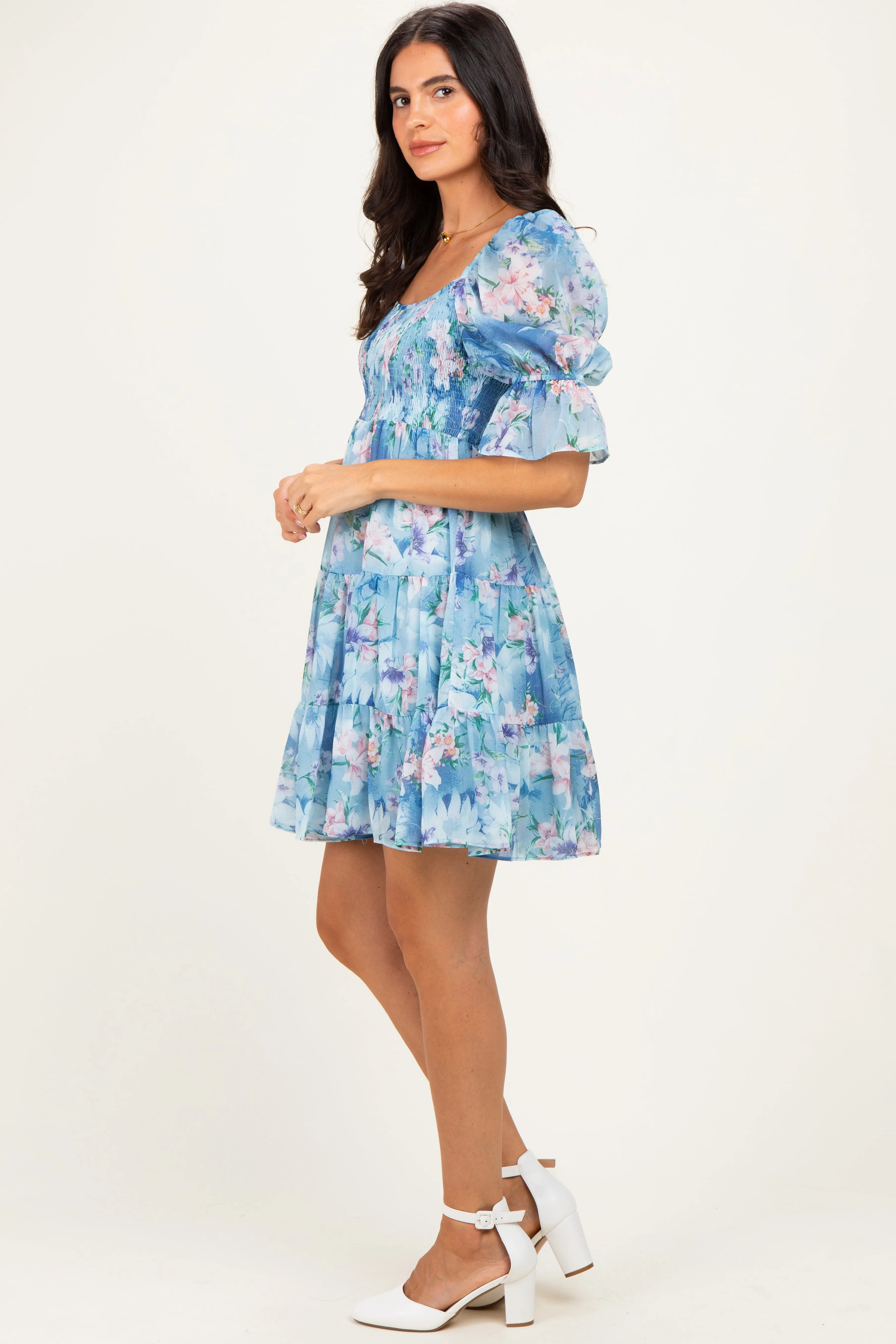 Light Blue Floral Smocked Tiered Mini Dress sold by Pinkblush product image thumbnail 2