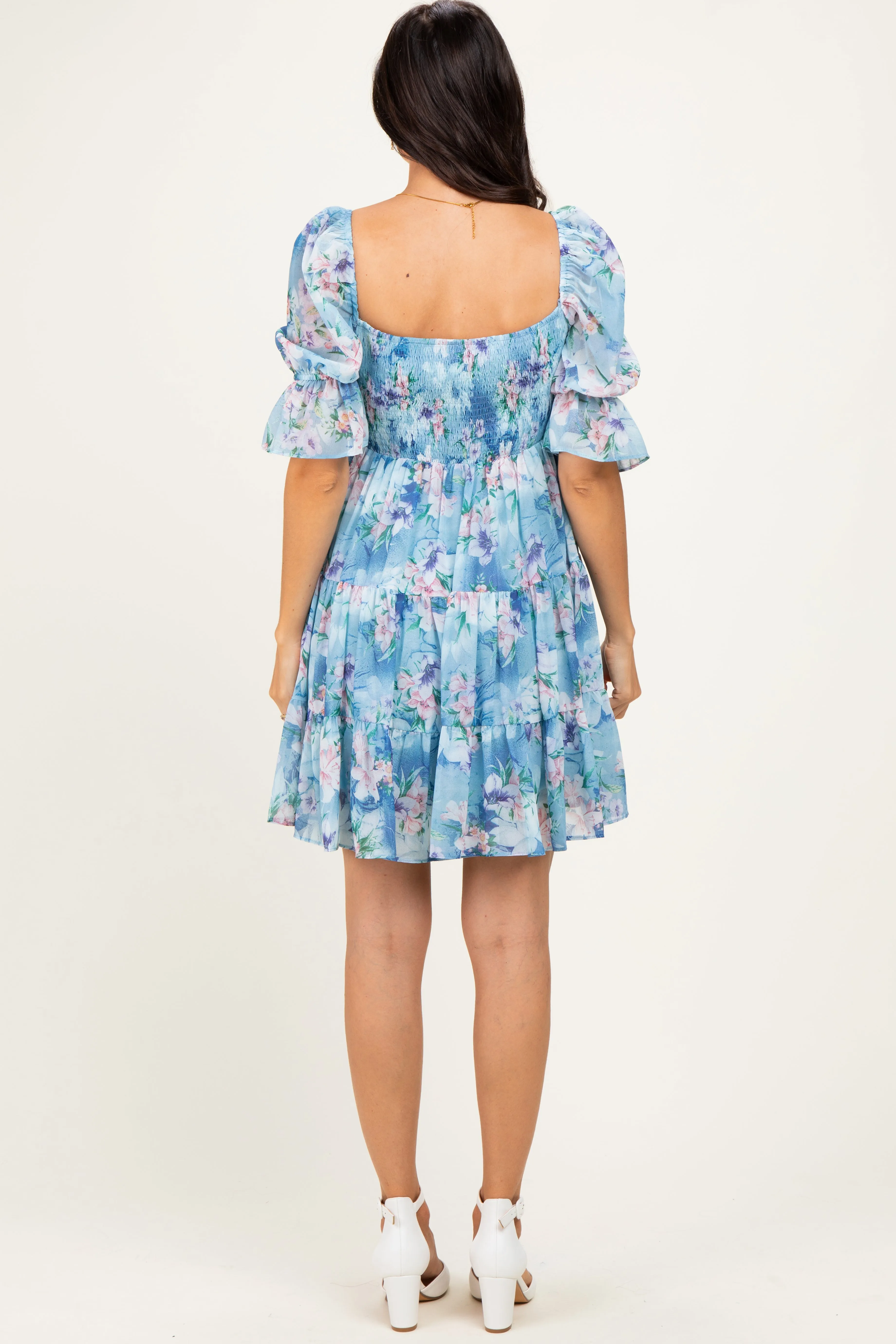 Light Blue Floral Smocked Tiered Mini Dress sold by Pinkblush product image thumbnail 3
