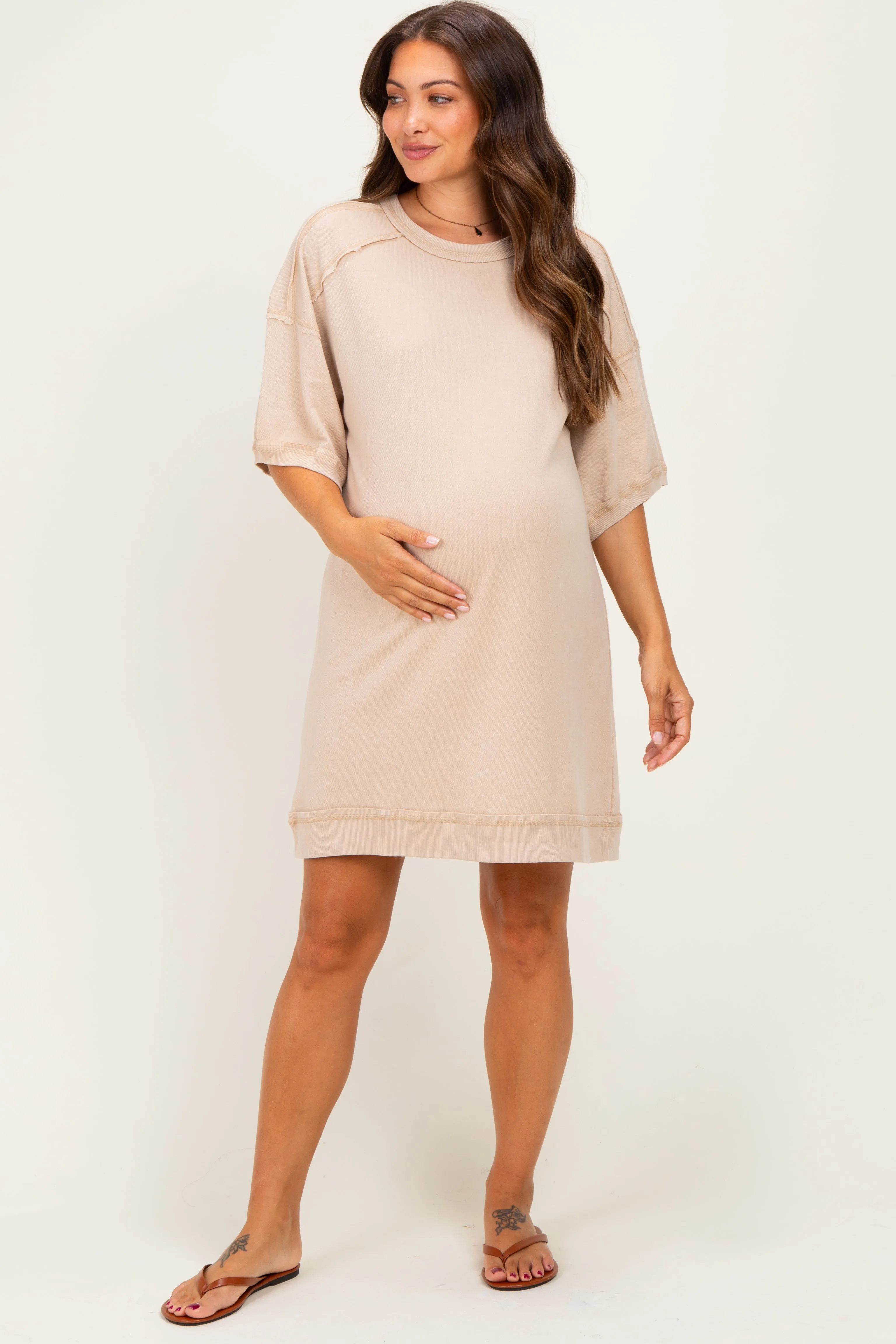 Beige Mineral Wash French Terry Knit Maternity T-Shirt Dress sold by Pinkblush
