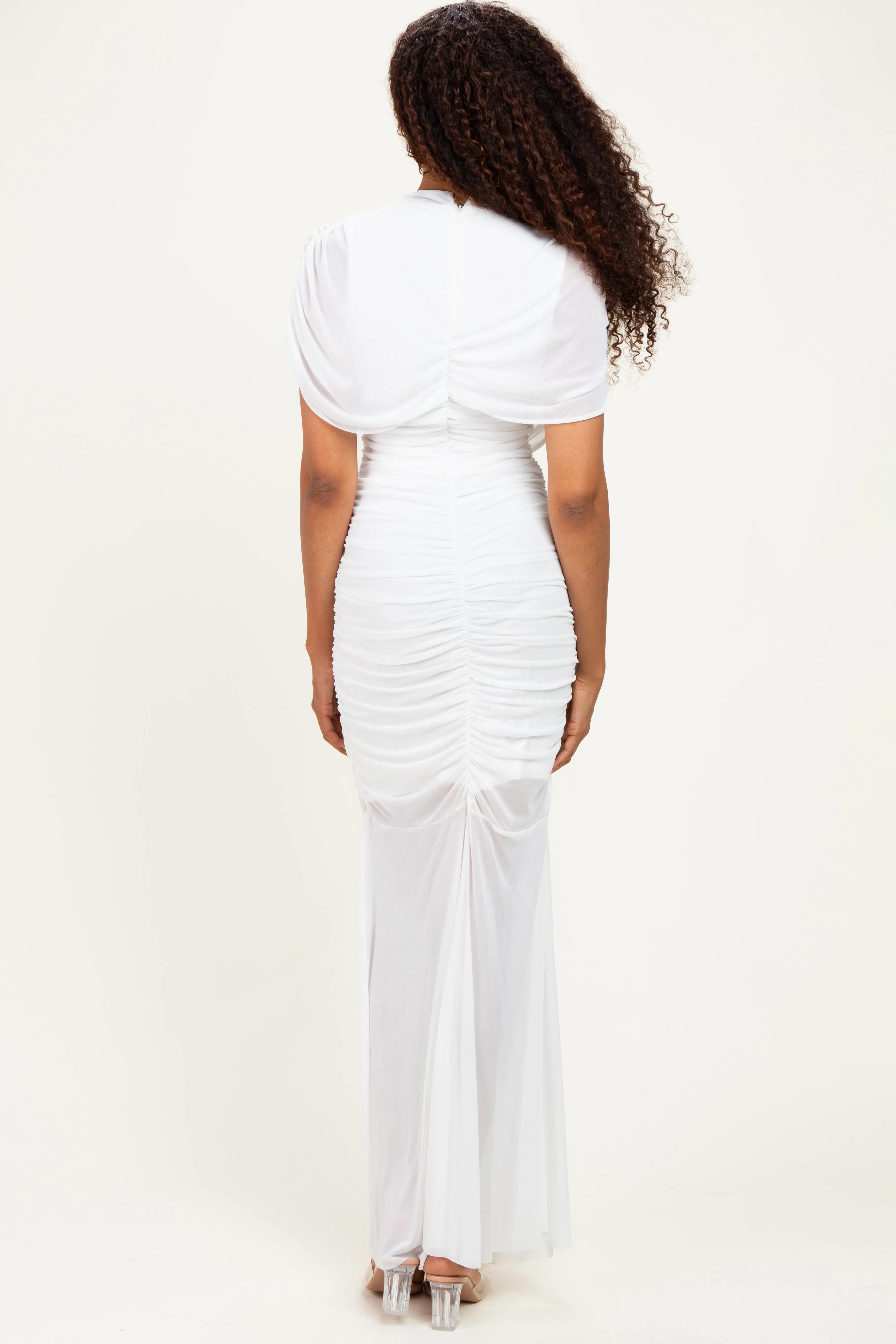 Ivory Draped Bodice Ruched Mesh Maxi Dress sold by Pinkblush product image thumbnail 3