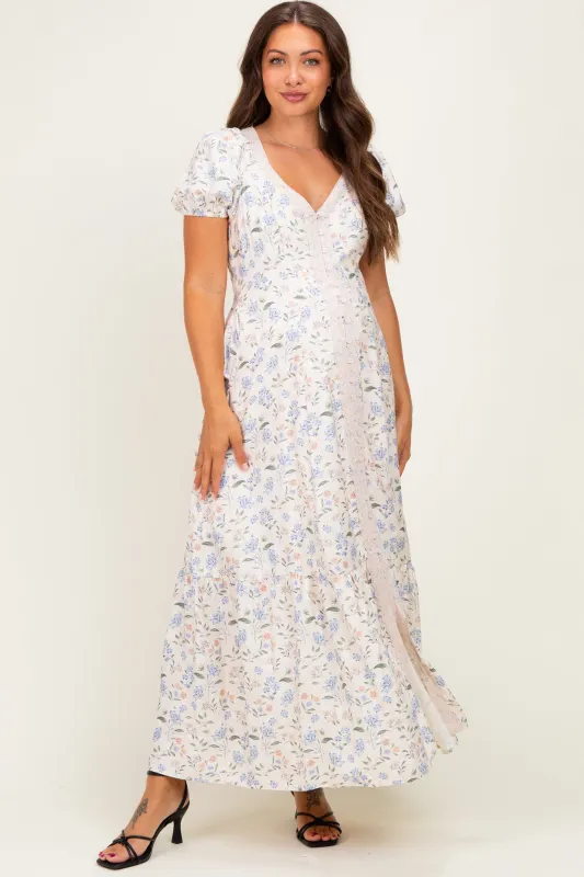 Creme Floral Lace Trim Button Down Maternity Maxi Dress made by Inloom