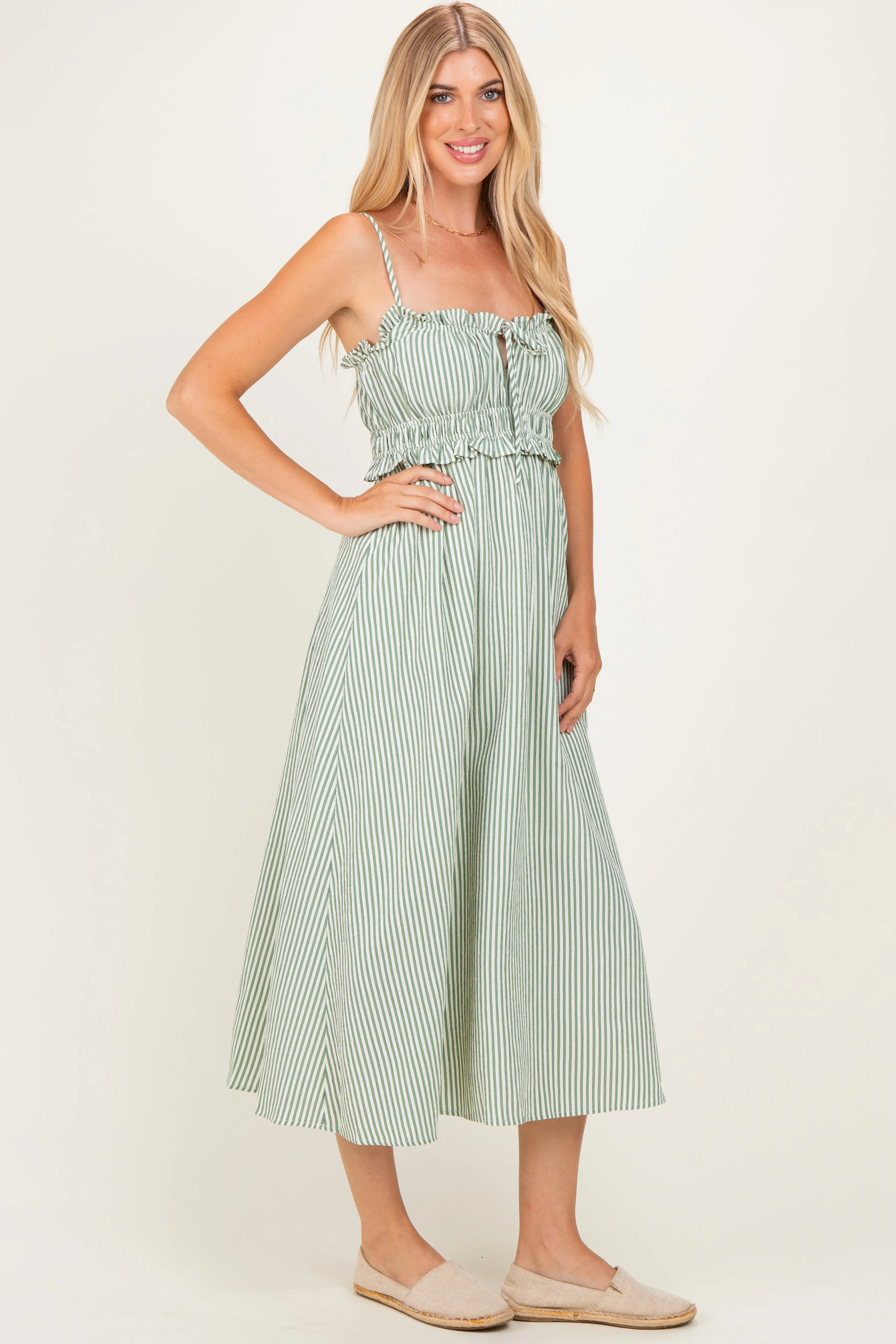 Olive Striped Front Tie Cutout Ruffle Midi Dress sold by Pinkblush product image thumbnail 2