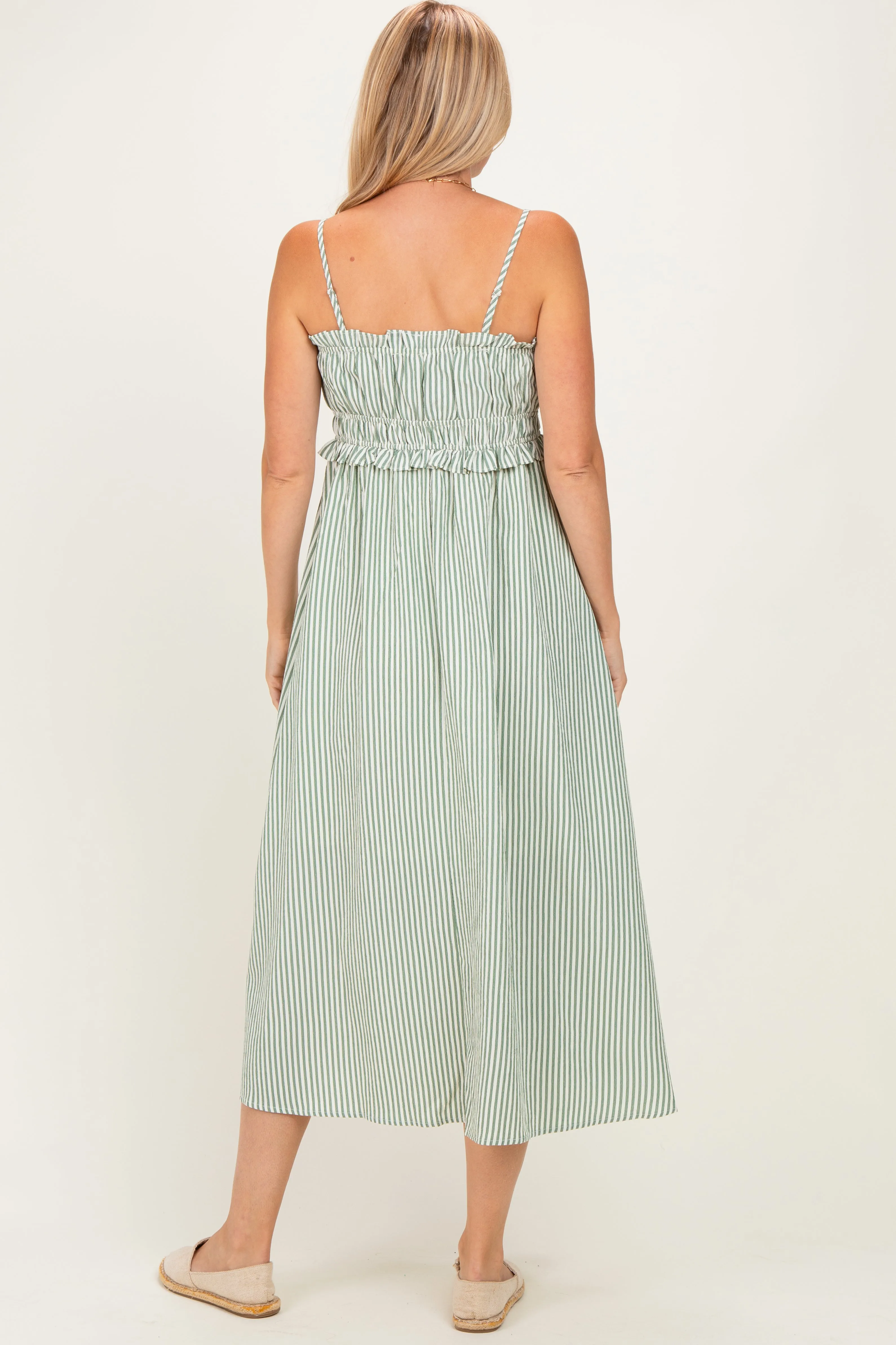Olive Striped Front Tie Cutout Ruffle Midi Dress sold by Pinkblush product image thumbnail 3