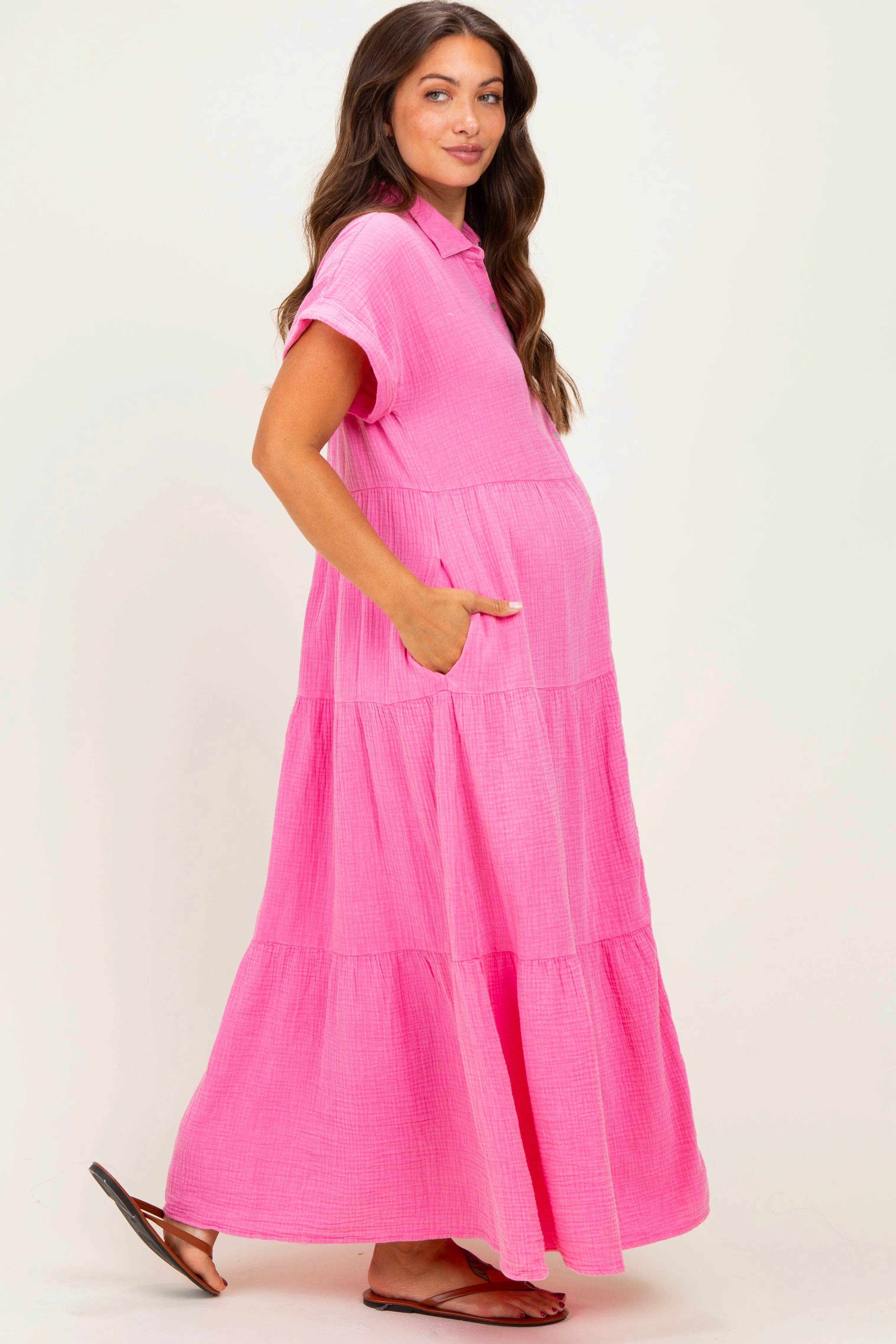 Bubble Gum Pink Breezy Mineral-Washed Gauze Maternity Maxi Shirt Dress sold by Pinkblush product image thumbnail 2