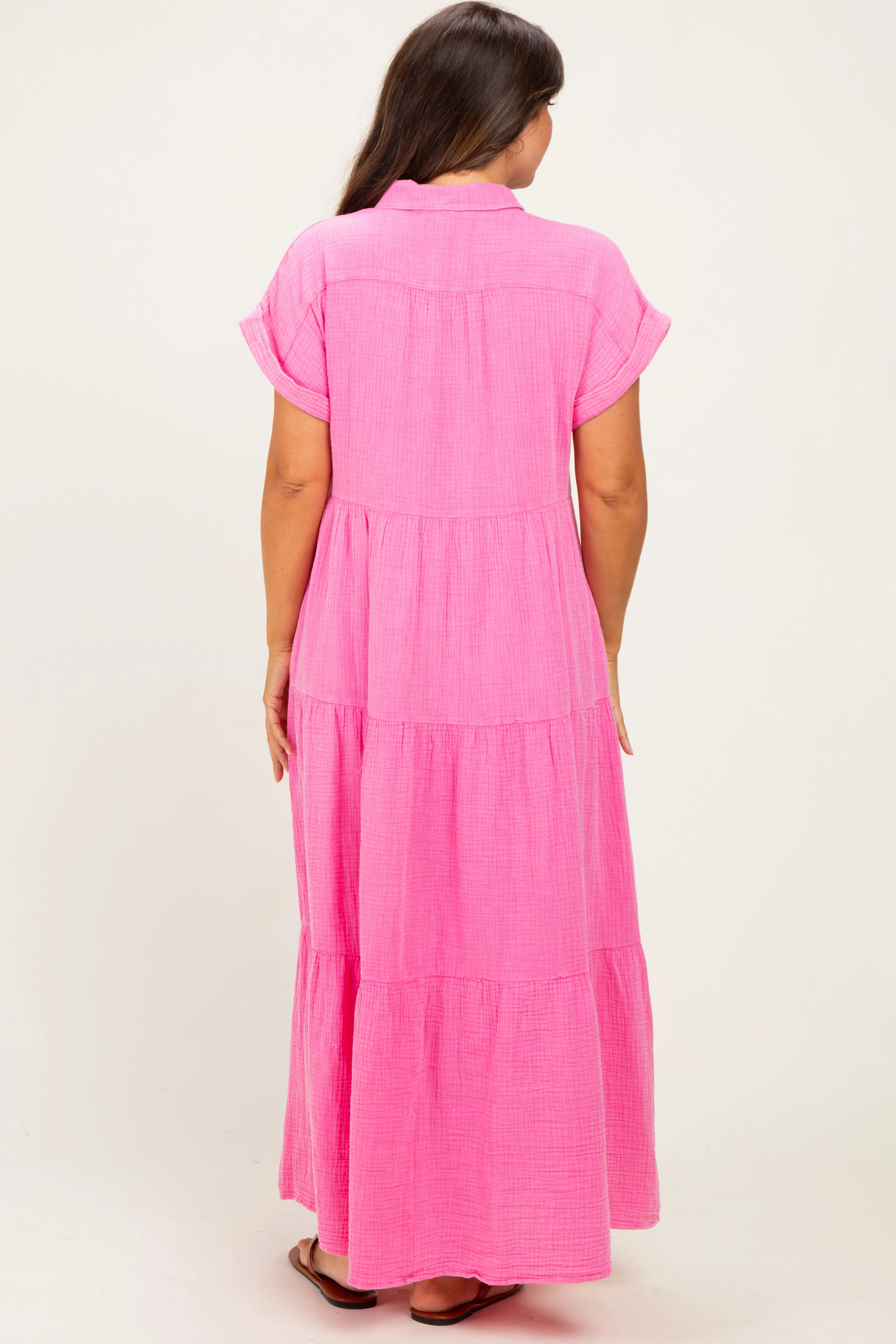 Bubble Gum Pink Breezy Mineral-Washed Gauze Maternity Maxi Shirt Dress sold by Pinkblush product image thumbnail 3