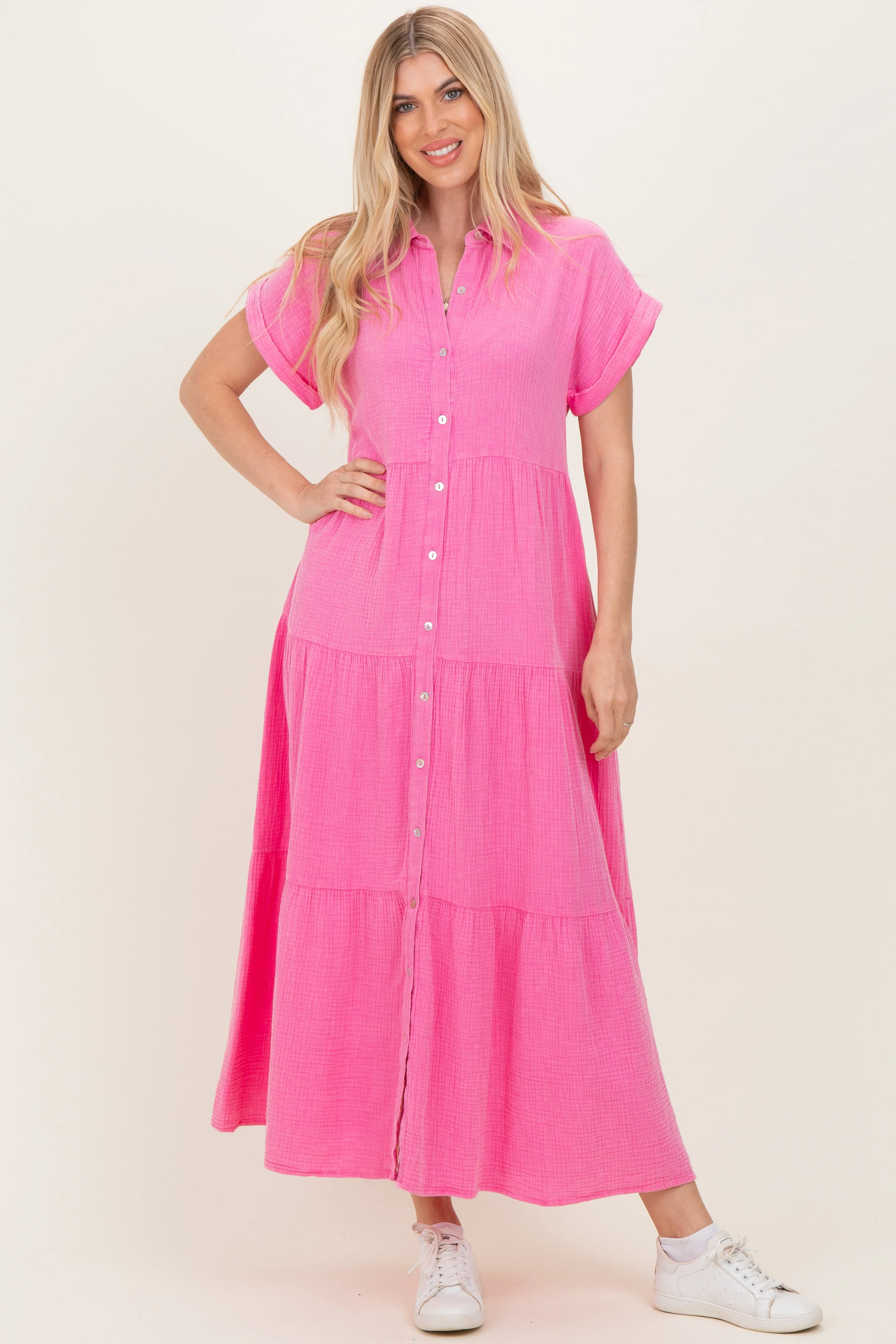 Bubble Gum Pink Breezy Mineral-Washed Gauze Maternity Maxi Shirt Dress sold by Pinkblush product image thumbnail 4