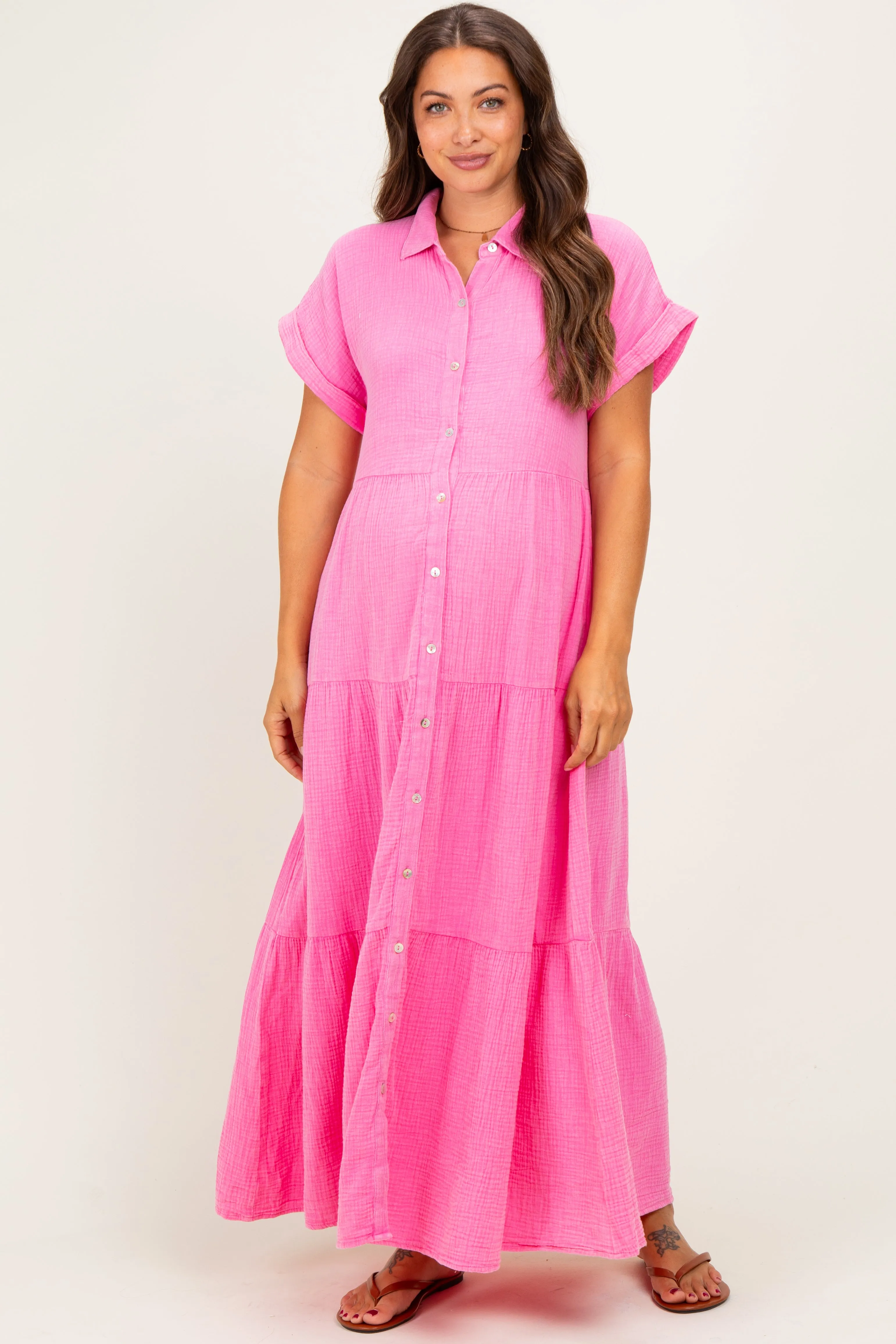 Bubble Gum Pink Breezy Mineral-Washed Gauze Maternity Maxi Shirt Dress sold by Pinkblush