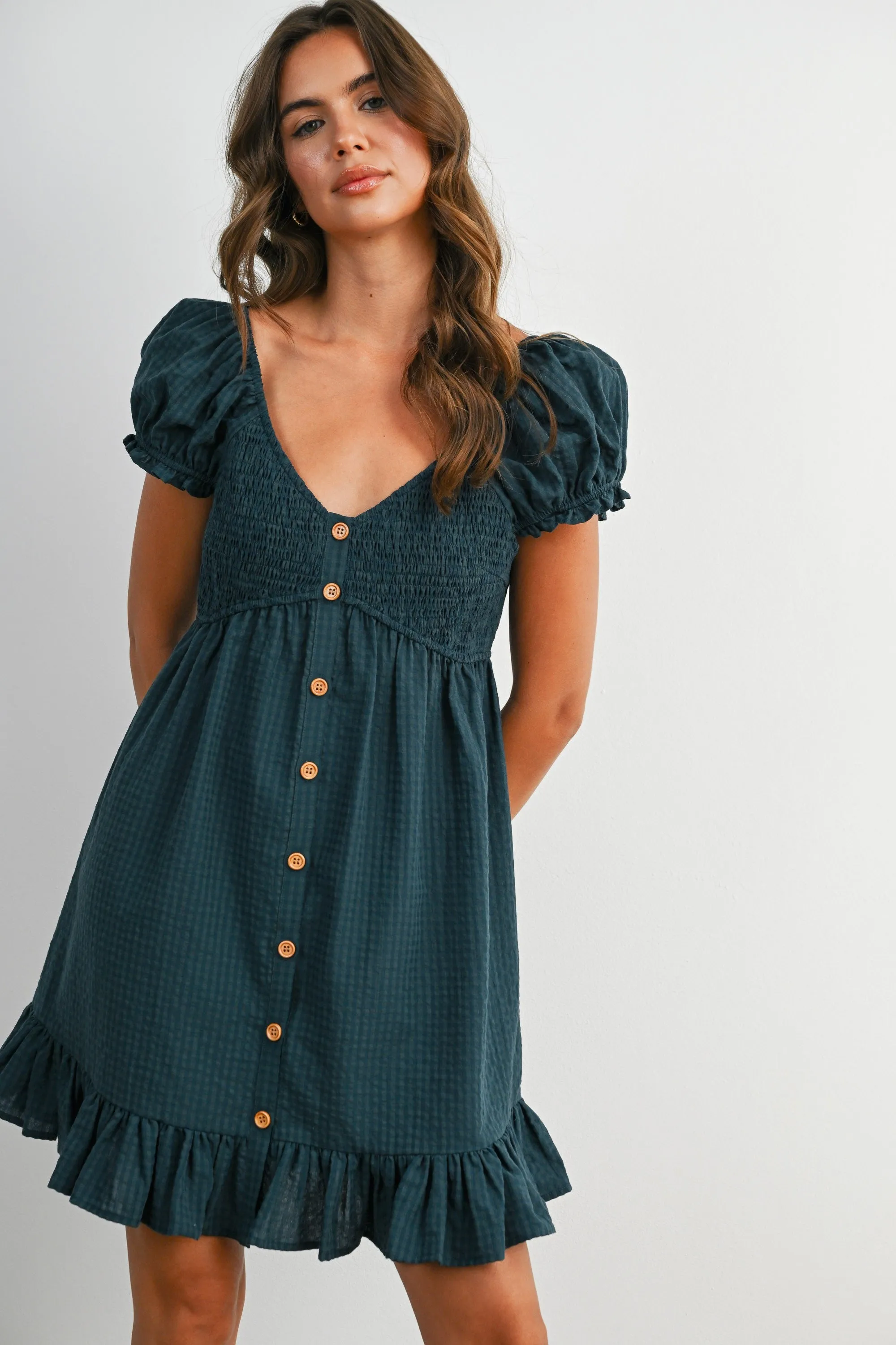 Dark Green Gingham Button Accent Mini Dress sold by Pinkblush