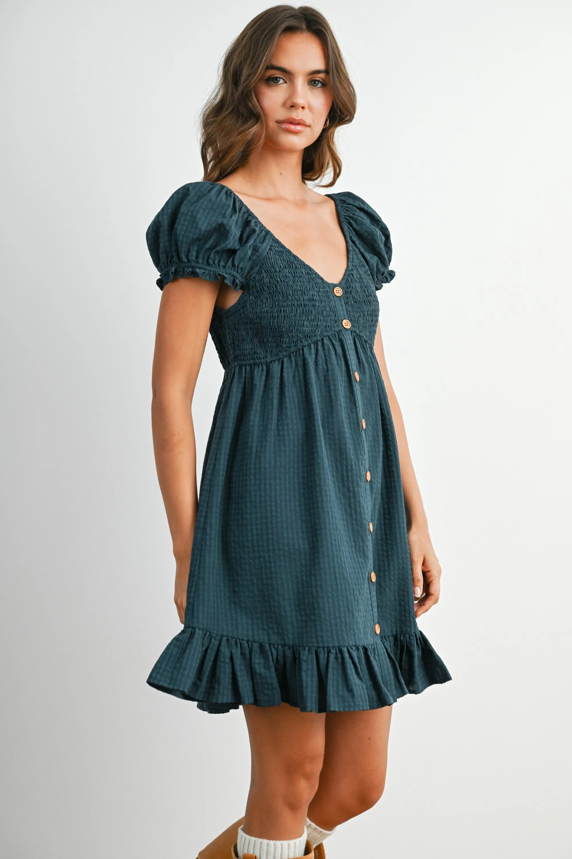 Dark Green Gingham Button Accent Mini Dress sold by Pinkblush product image thumbnail 2