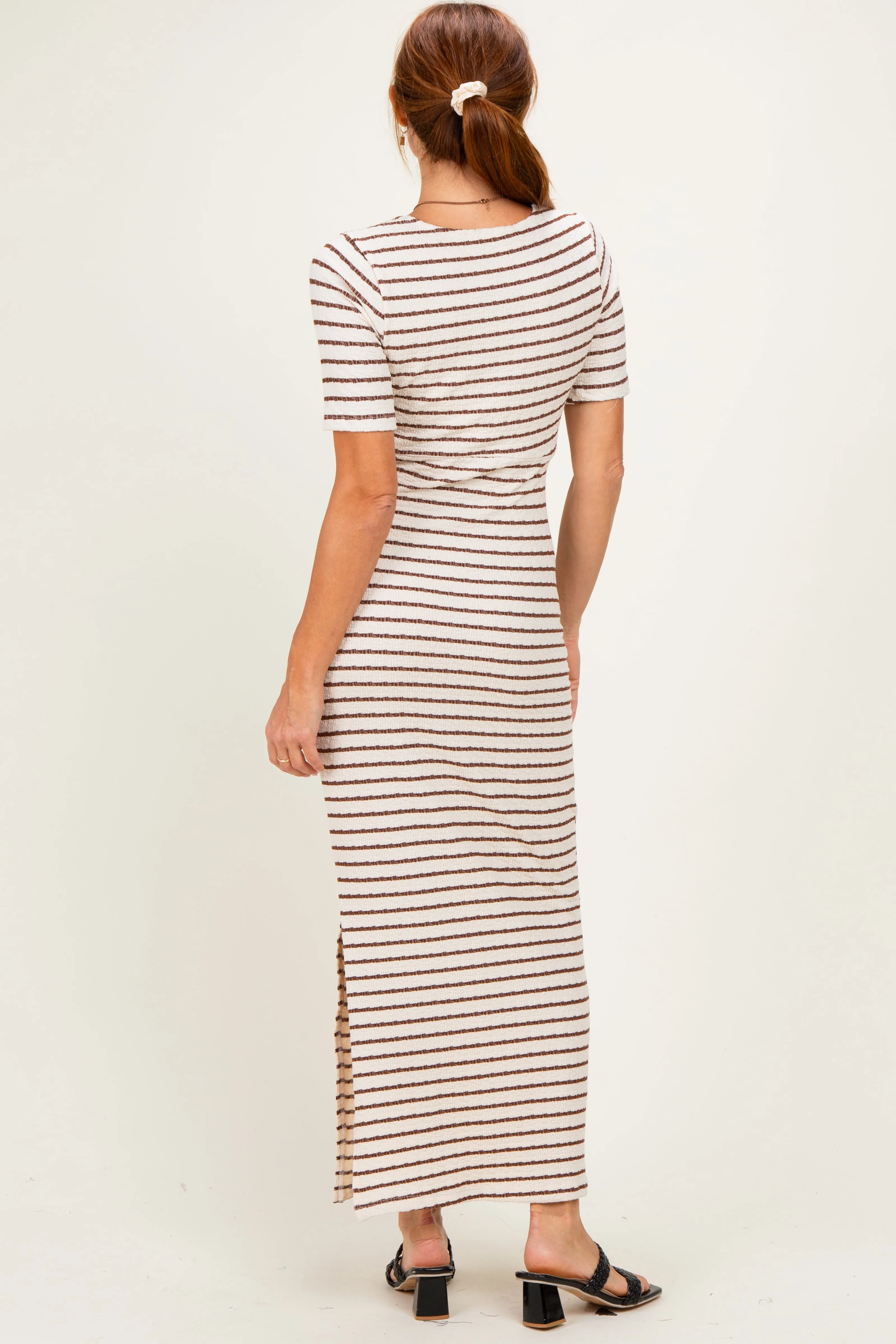 Cream/ Brown Striped Knit Short Sleeve Maxi Dress sold by Pinkblush product image thumbnail 3