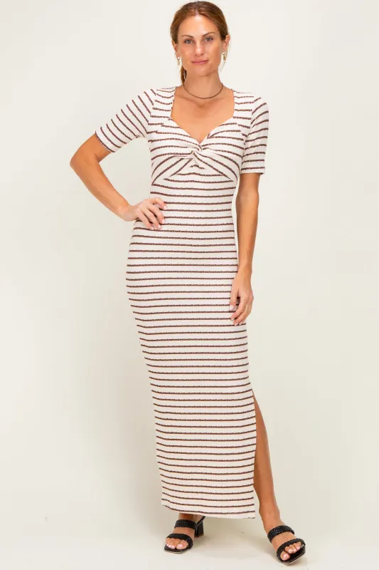 Cream/ Brown Striped Knit Short Sleeve Maxi Dress made by Pinkblush