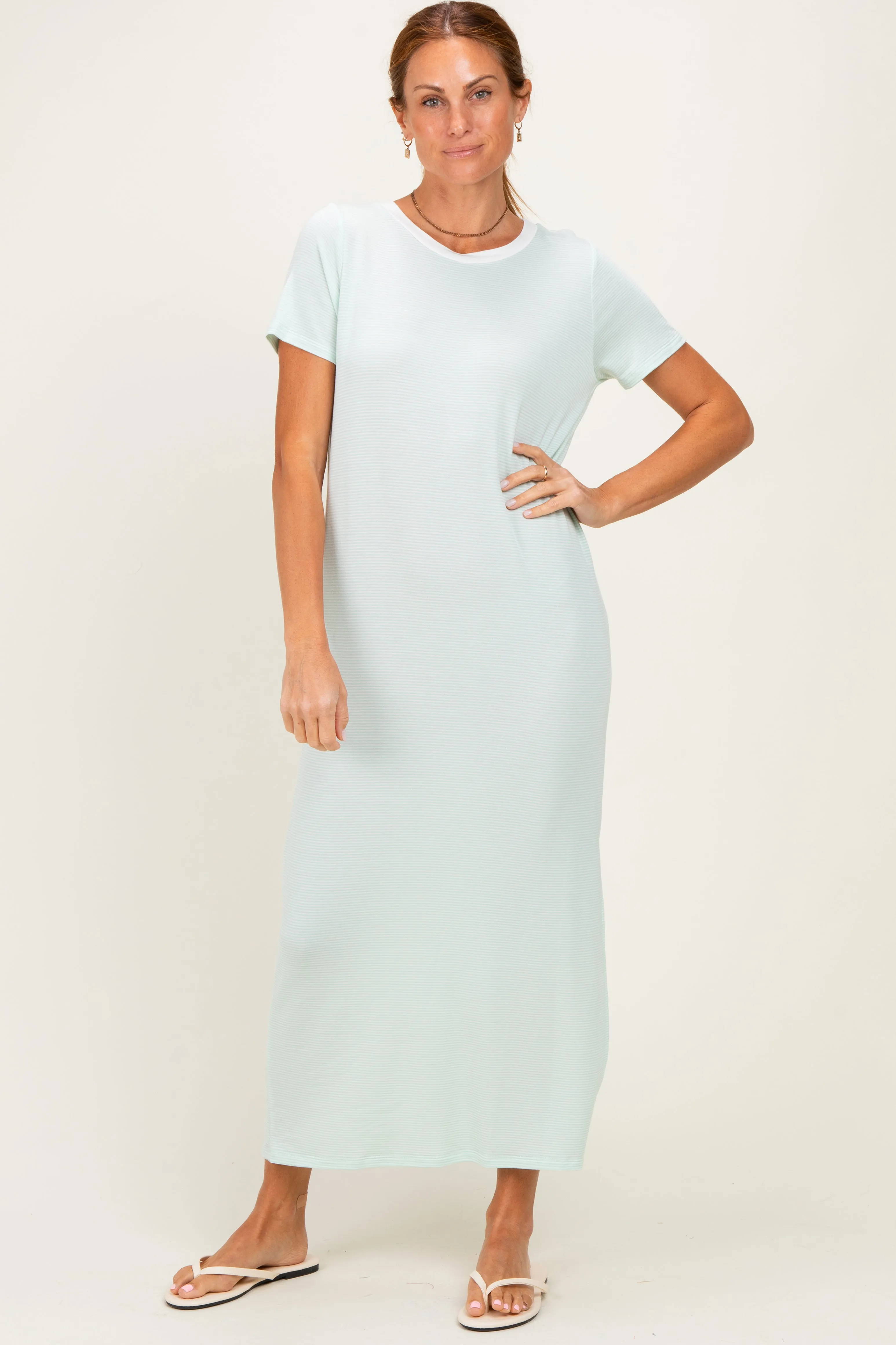 Ivory/ Mint Striped Short Sleeve Maxi Dress sold by Pinkblush