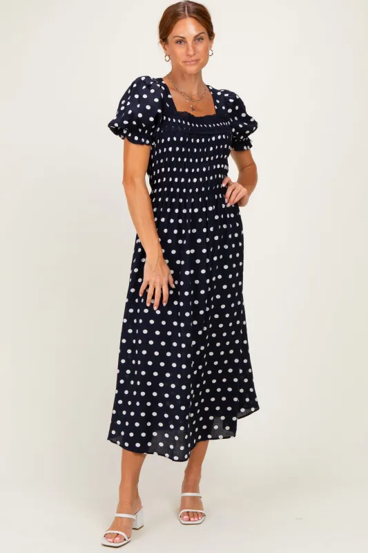 Navy Polka Dot Smocked Midi Dress made by entro