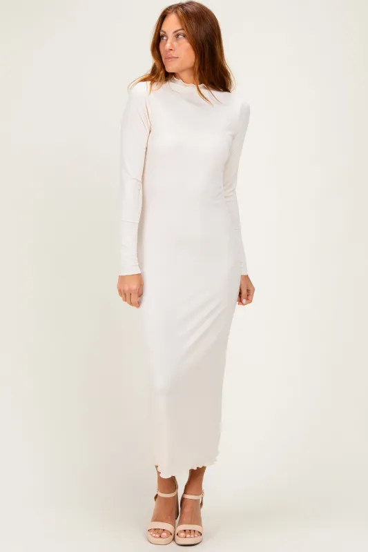 Cream Ruffle Mock Neck Long Sleeve Midi Dress made by Pinkblush