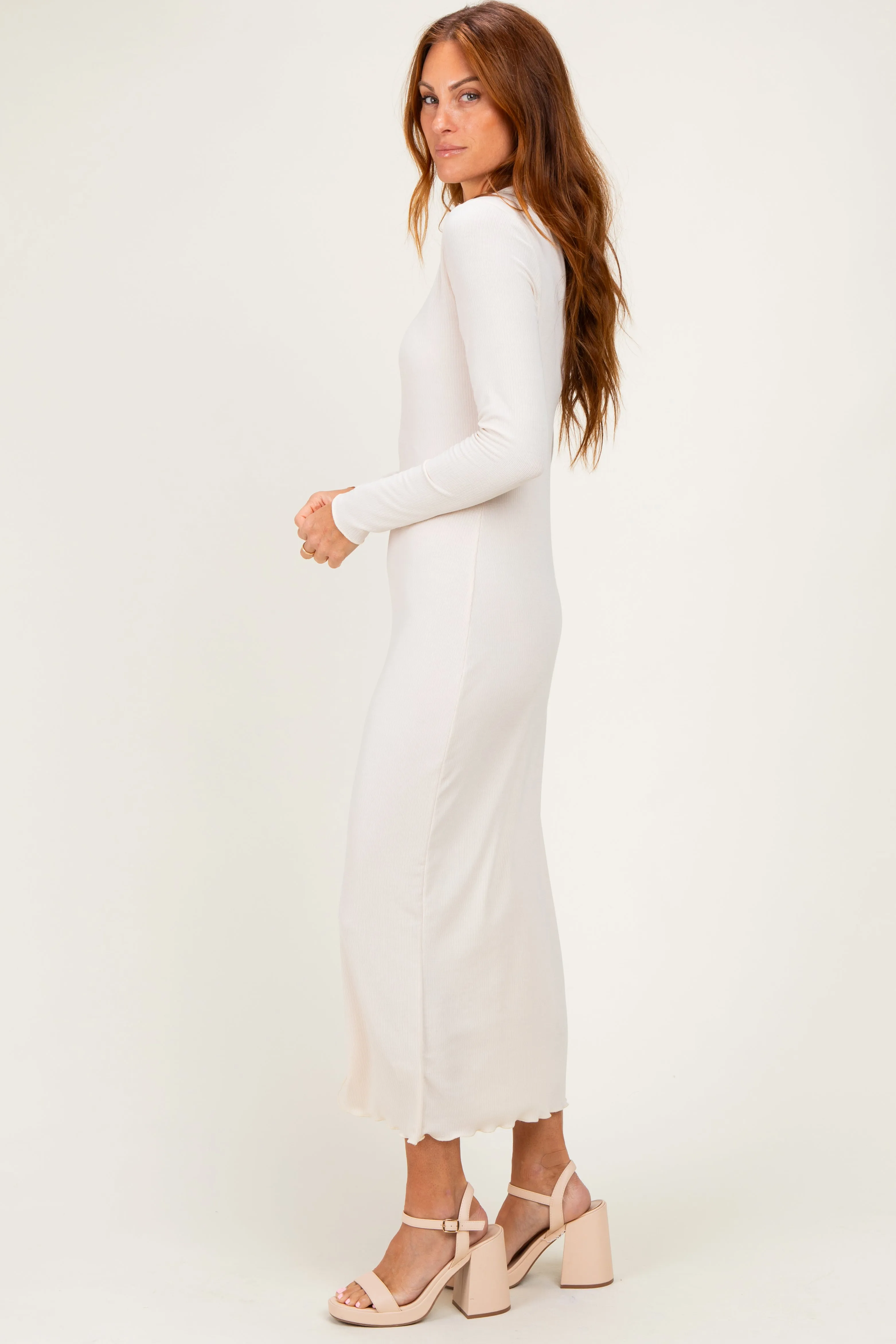 Cream Ruffle Mock Neck Long Sleeve Midi Dress sold by Pinkblush product image thumbnail 2