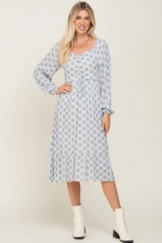 Blue Printed Cinched Midi Dress made by Pinkblush