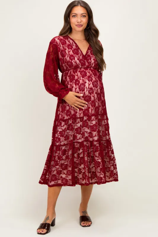 Burgundy Floral Lace Long Sleeve V-Neck Maternity Maxi Dress made by Pinkblush