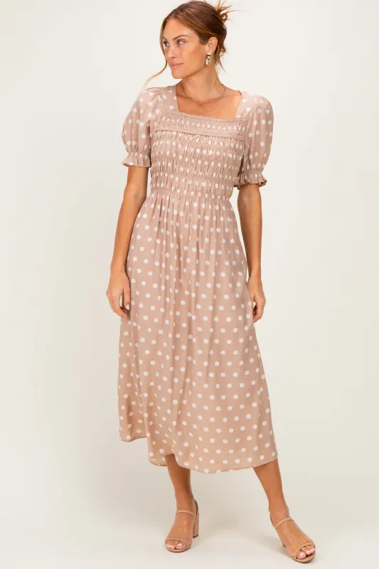 Light Taupe Polka Dot Smocked Midi Dress made by entro