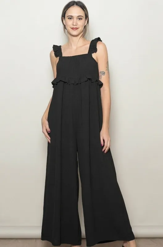 Black Ruffle Strap Wide Leg Jumpsuit made by Pinkblush