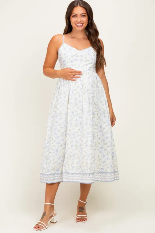 French Blue Floral Embroidered Hem Maternity Midi Dress made by Inloom