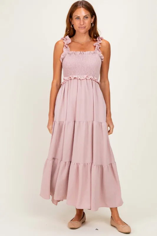 Light Pink Sleeveless Smocked Tiered Maxi Dress made by Pinkblush