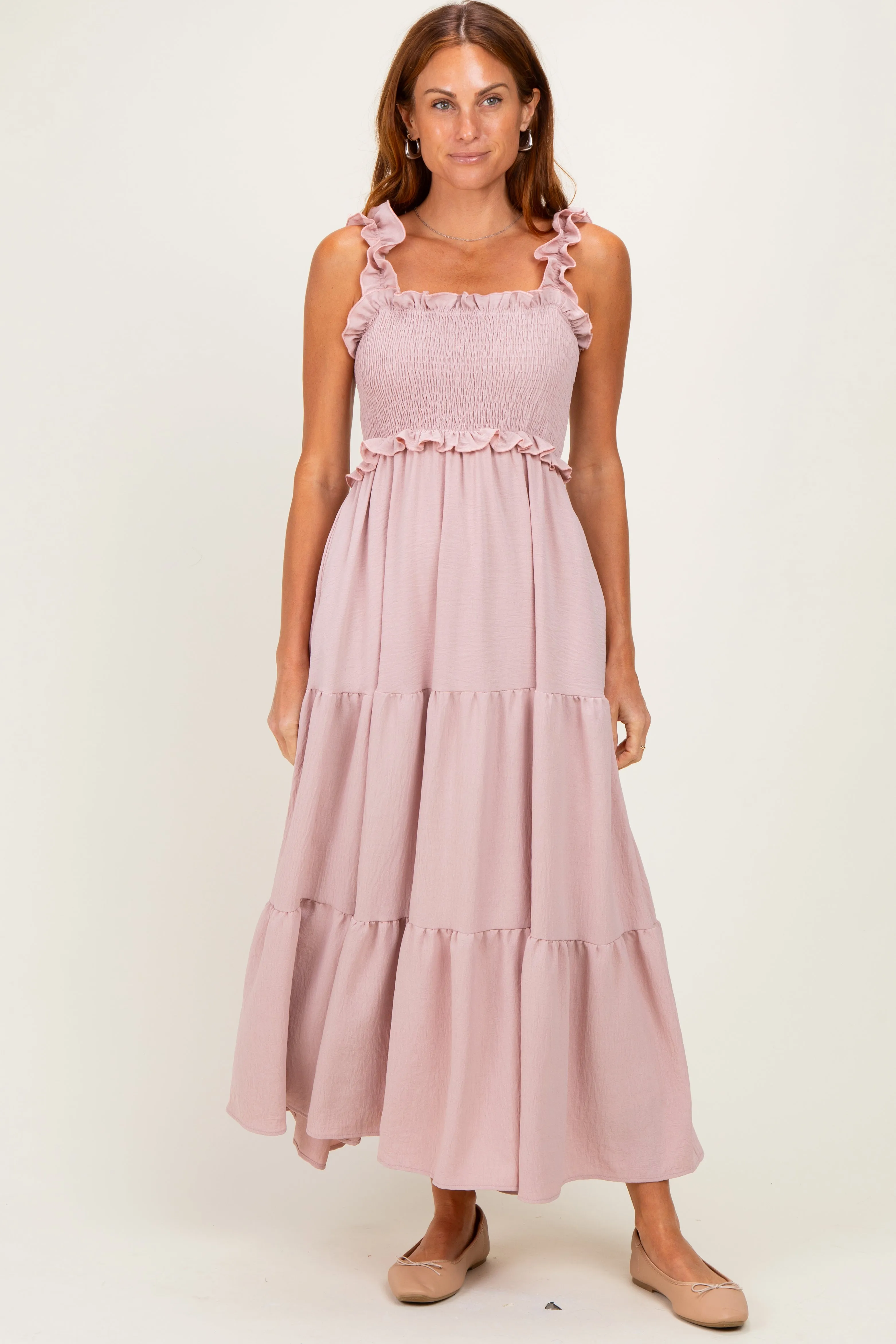 Light Pink Sleeveless Smocked Tiered Maxi Dress sold by Pinkblush