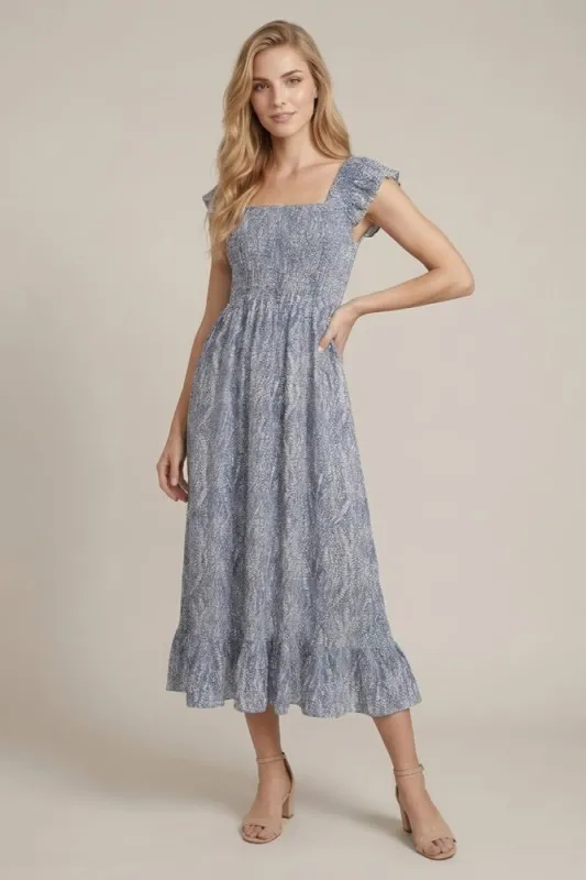 Blue Grey Printed Smocked Midi Dress made by Doe & Rae