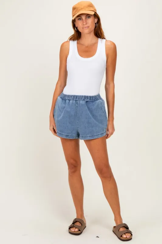 Light Denim Elastic Waist Chambray Shorts made by Pinkblush