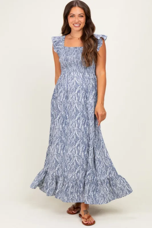 Blue Grey Printed Smocked Maternity Midi Dress made by Doe & Rae