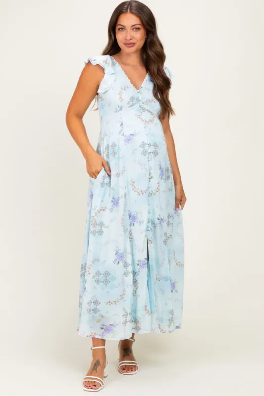 Blue Floral Button Down Maternity Maxi Dress made by Inloom