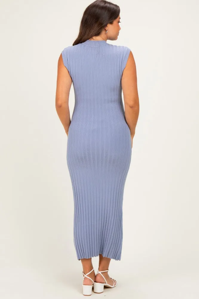 Blue Ribbed Knit Mock Neck Maternity Maxi Dress sold by Pinkblush product image thumbnail 3
