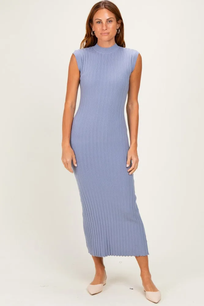 Blue Ribbed Knit Mock Neck Maternity Maxi Dress sold by Pinkblush product image thumbnail 4