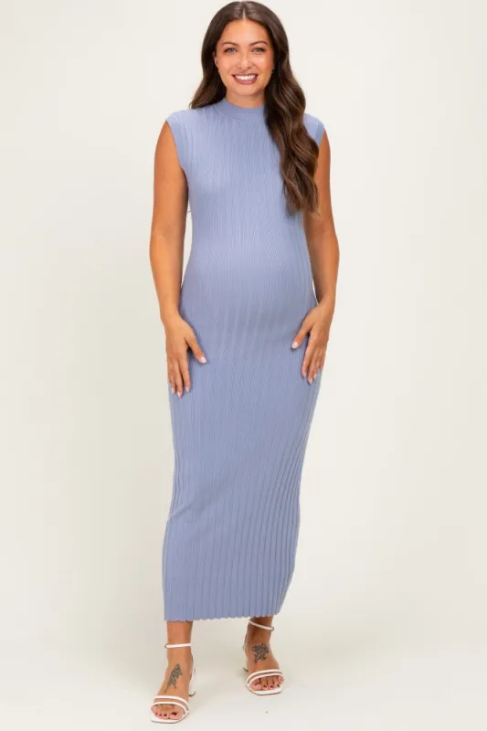 Blue Ribbed Knit Mock Neck Maternity Maxi Dress made by Able