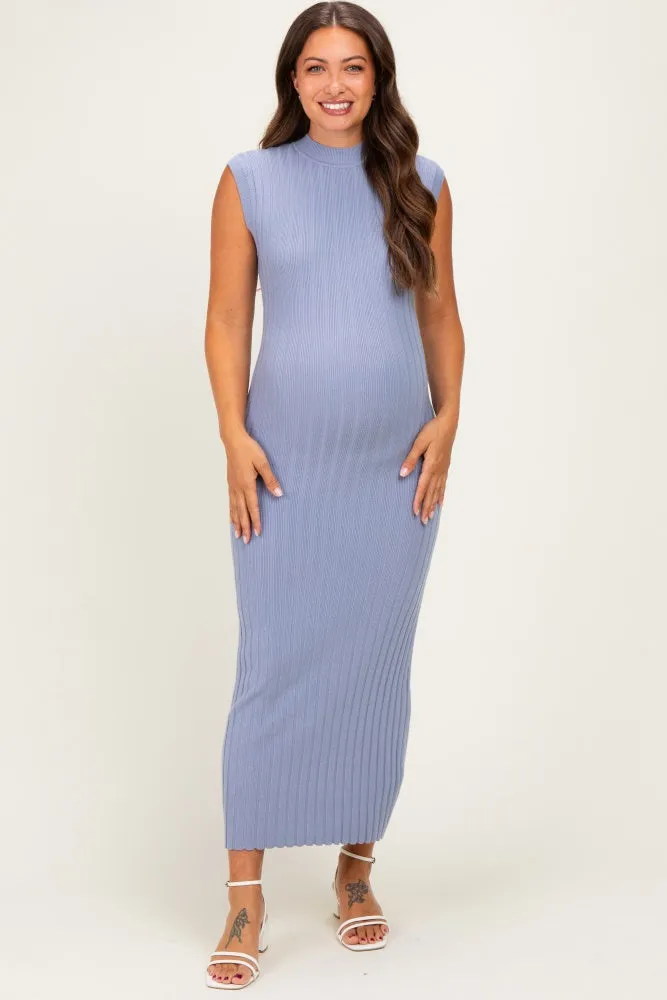 Blue Ribbed Knit Mock Neck Maternity Maxi Dress sold by Pinkblush