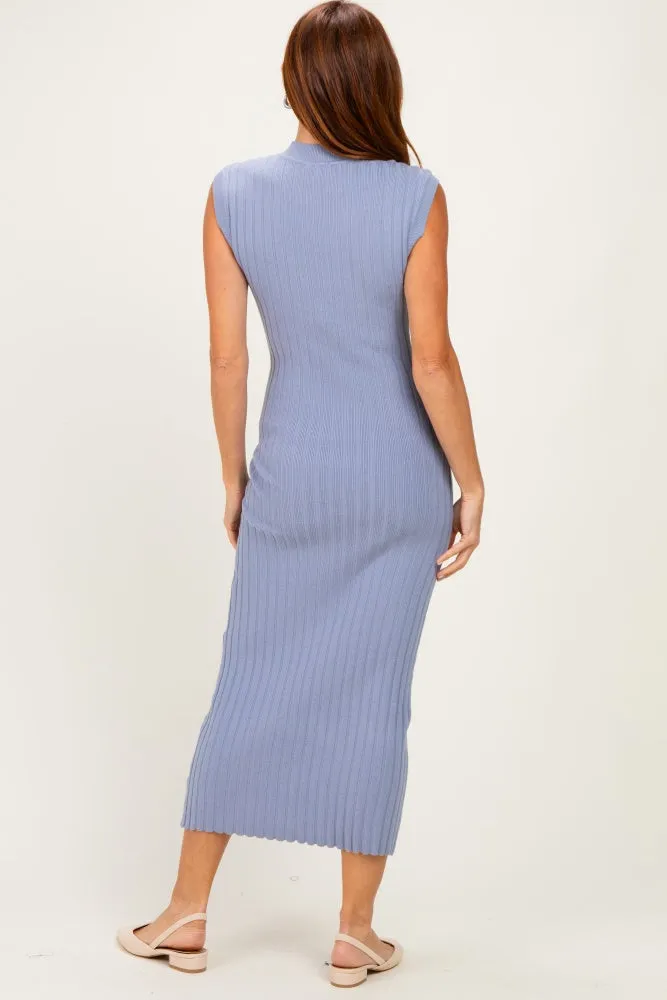 Blue Ribbed Knit Mock Neck Maxi Dress sold by Pinkblush product image thumbnail 3