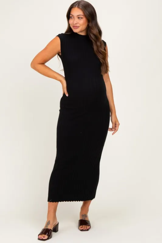 Black Ribbed Knit Mock Neck Maternity Maxi Dress made by Able
